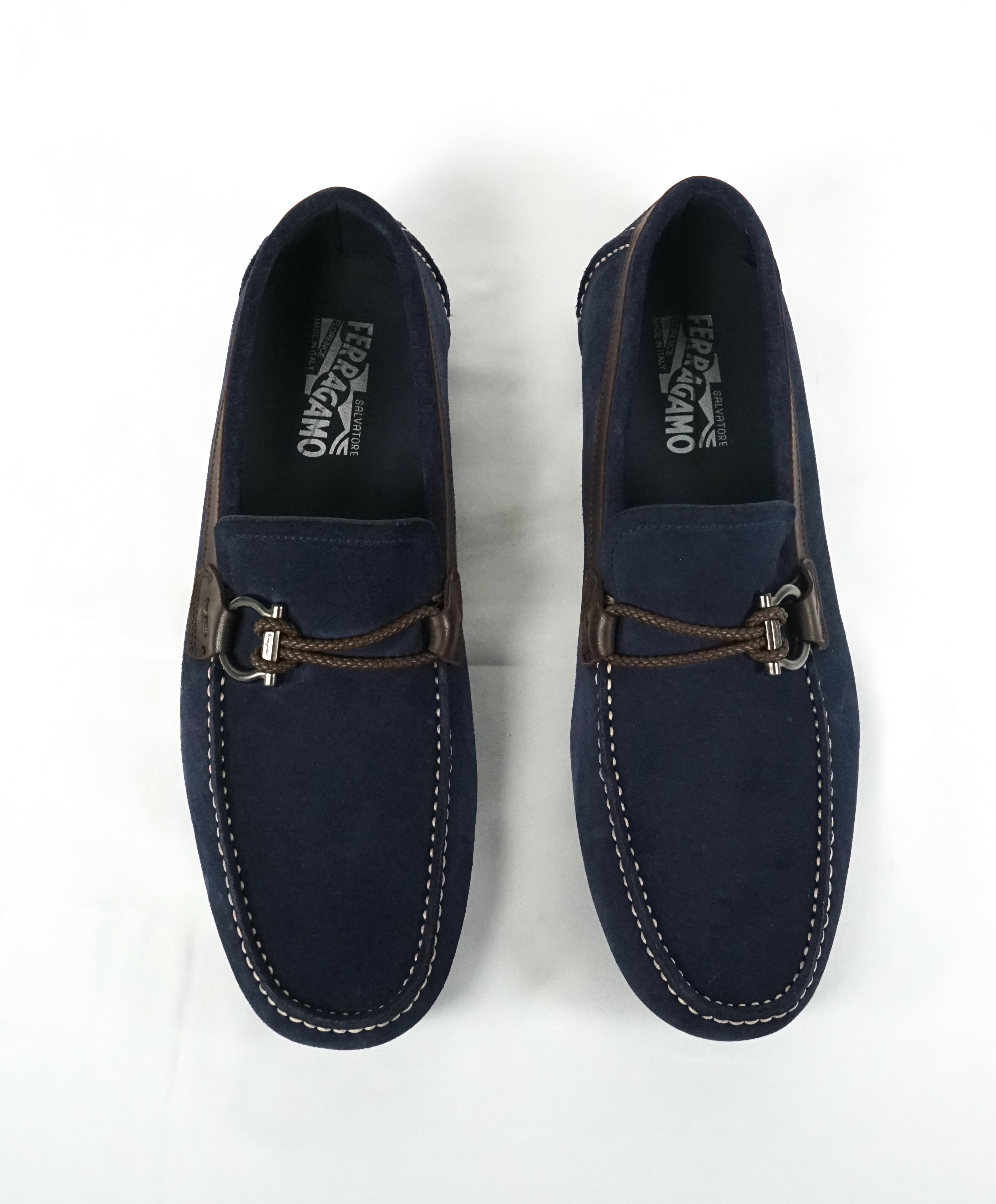 SALVATORE FERRAGAMO - Blue Suede Braided Gancio Slip On Loafers - 10.5