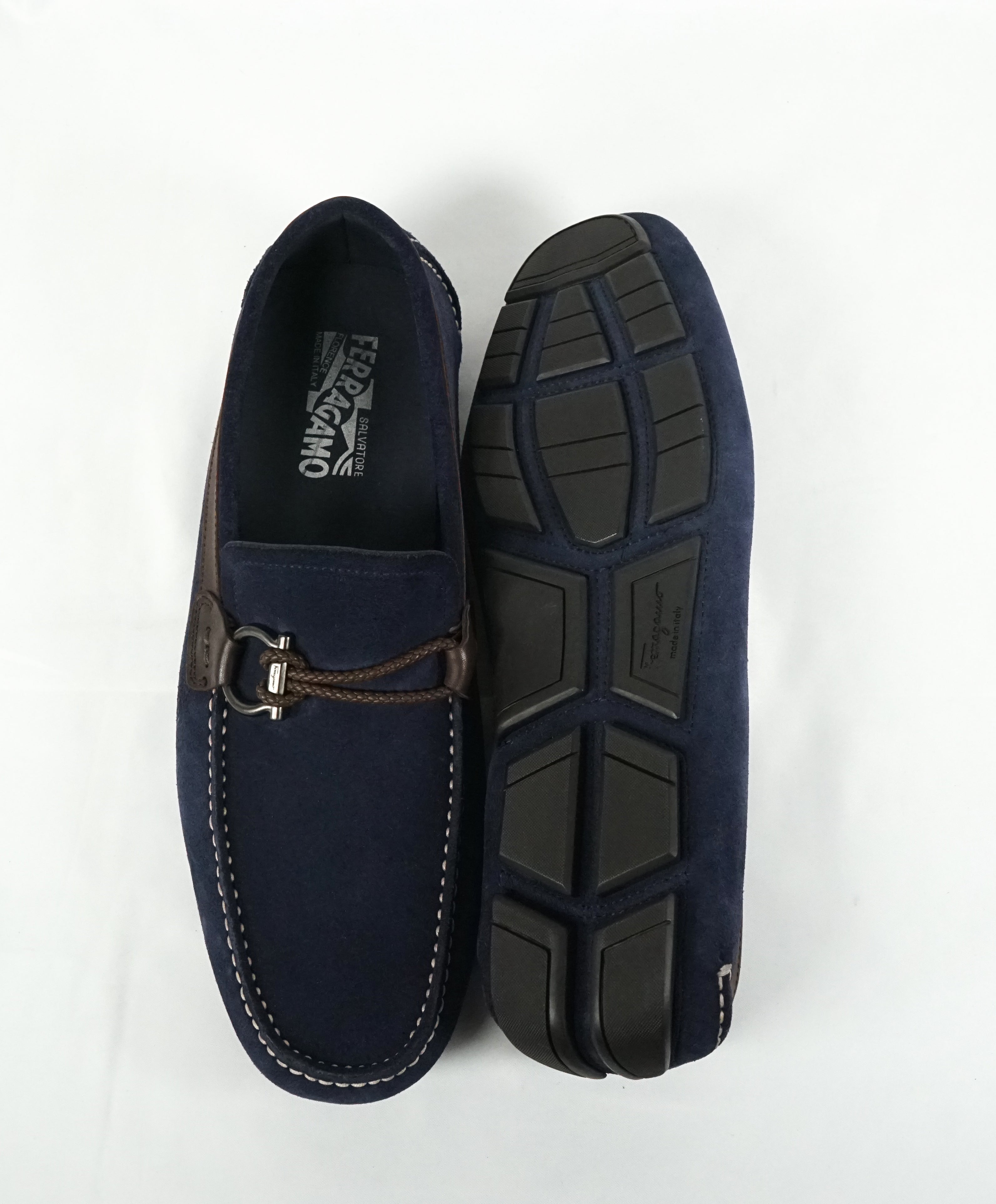 SALVATORE FERRAGAMO - Blue Suede Braided Gancio Slip On Loafers - 10.5