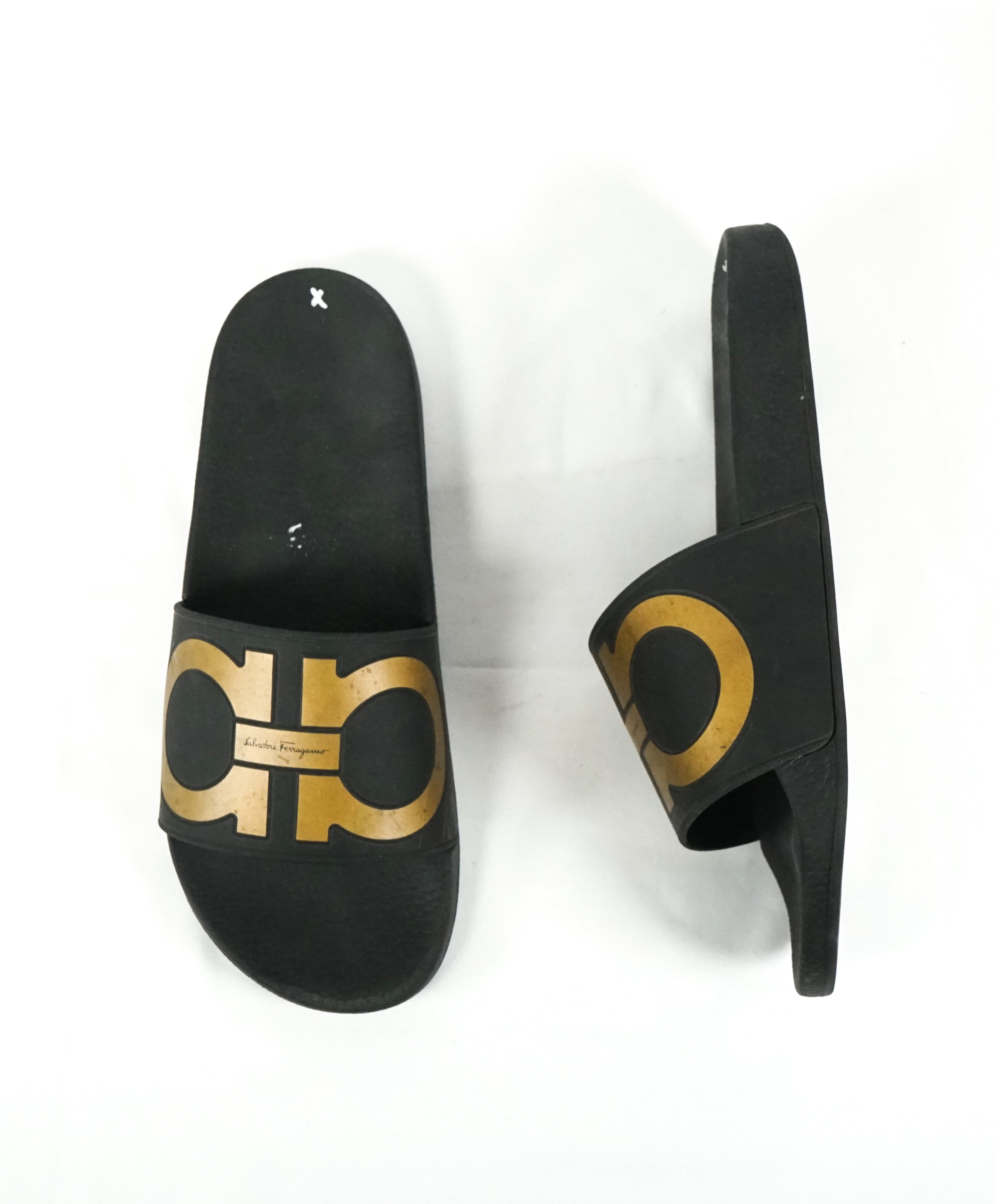 SALVATORE FERRAGAMO - Iconic Gancini Black & Gold Slides Slippers - 9