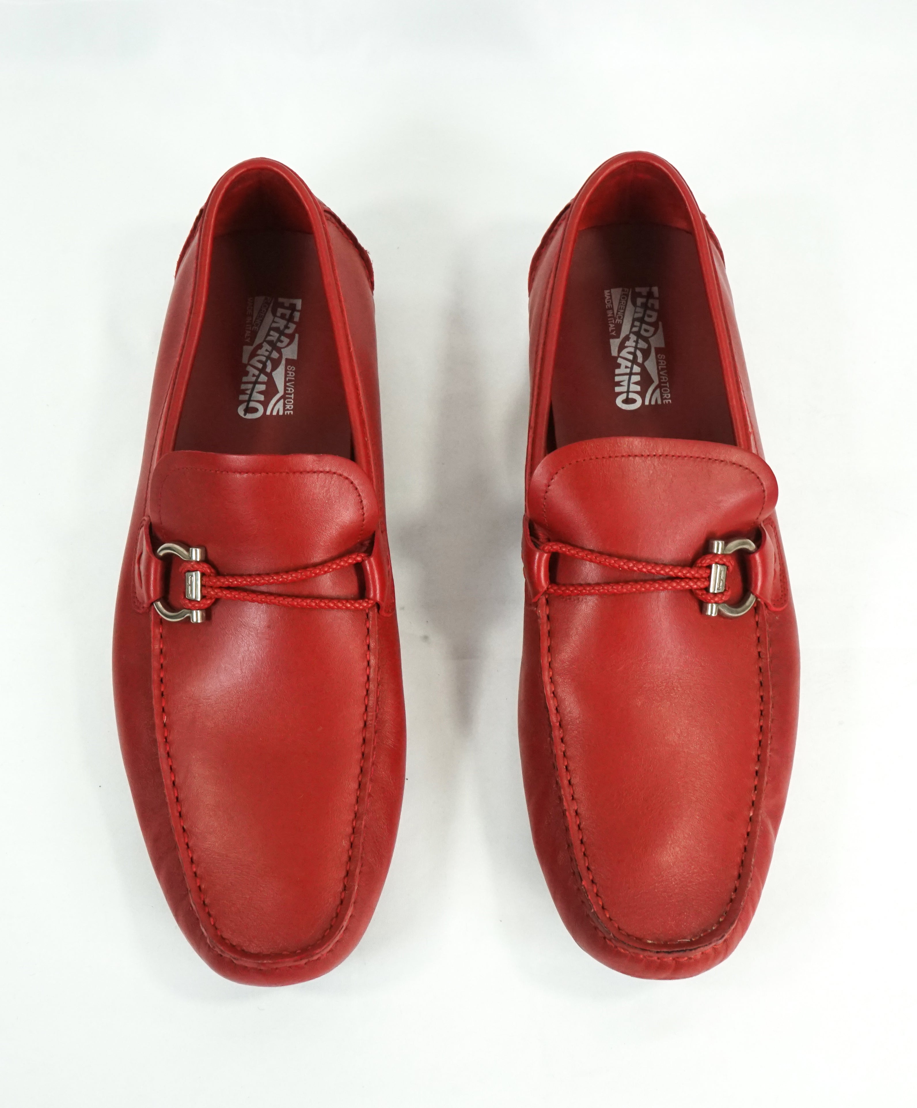 SALVATORE FERRAGAMO - “Gancio” Red Braided Leather Logo Loafers - 13 D