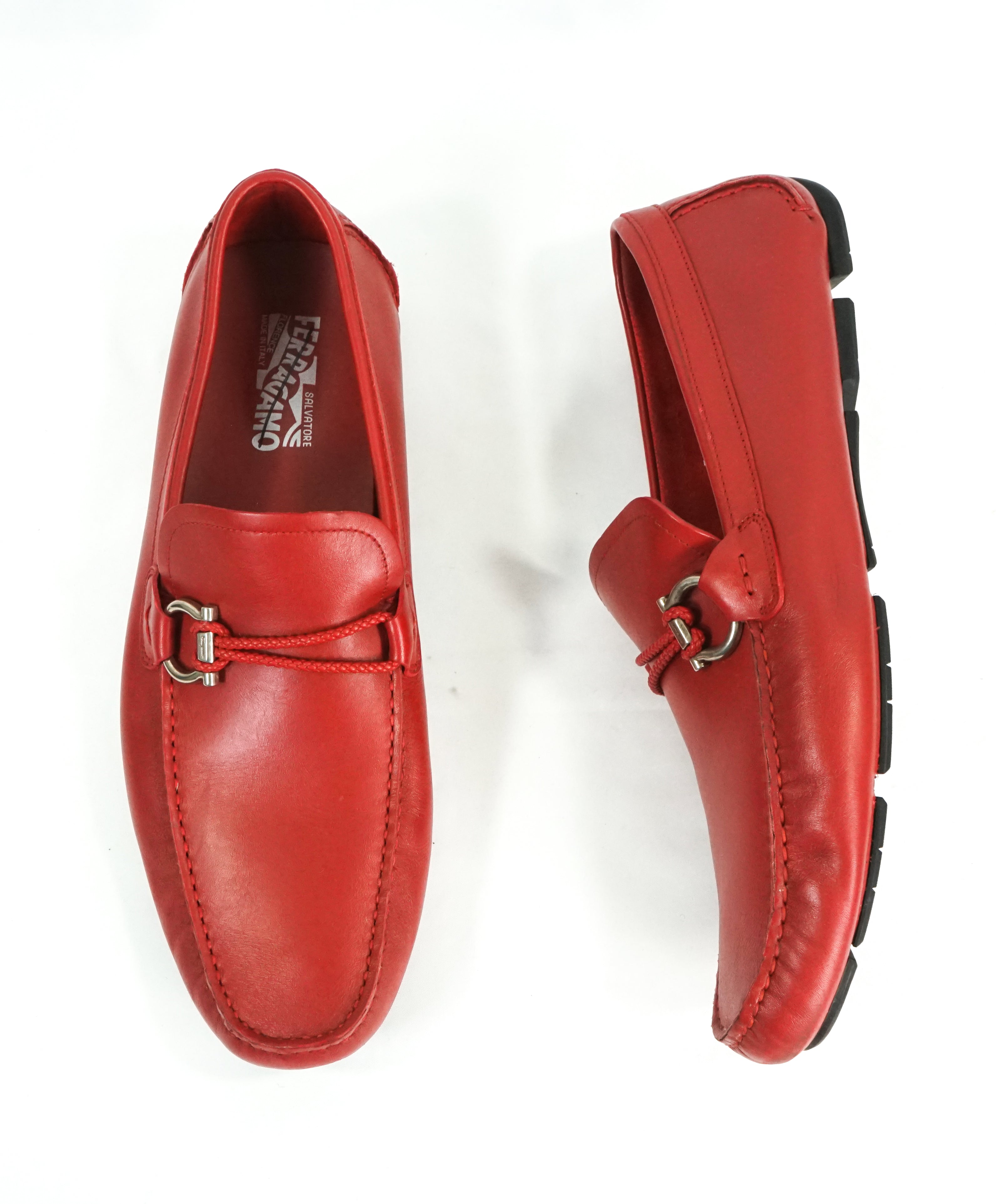 SALVATORE FERRAGAMO - “Gancio” Red Braided Leather Logo Loafers - 13 D