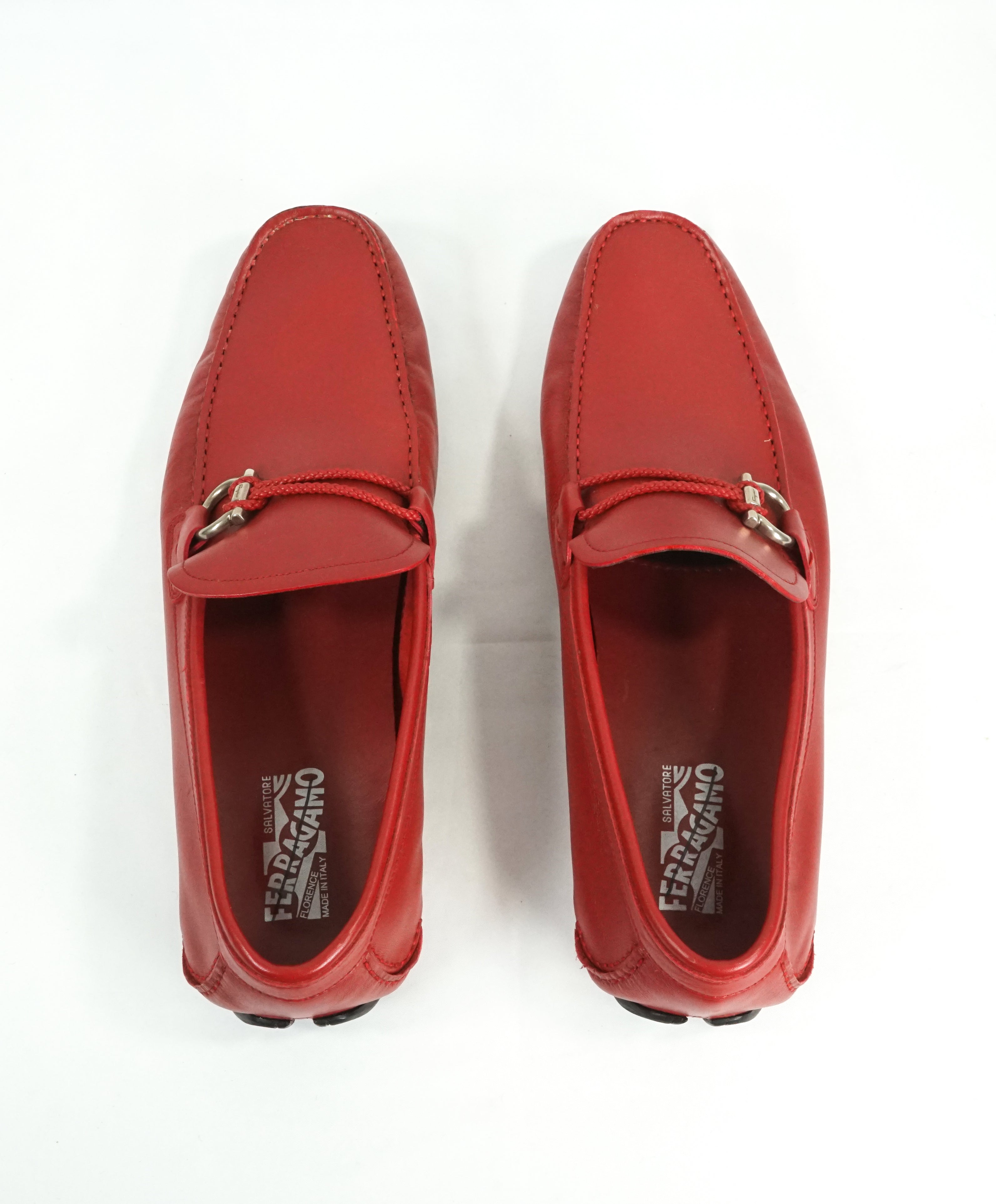 SALVATORE FERRAGAMO - “Gancio” Red Braided Leather Logo Loafers - 13 D