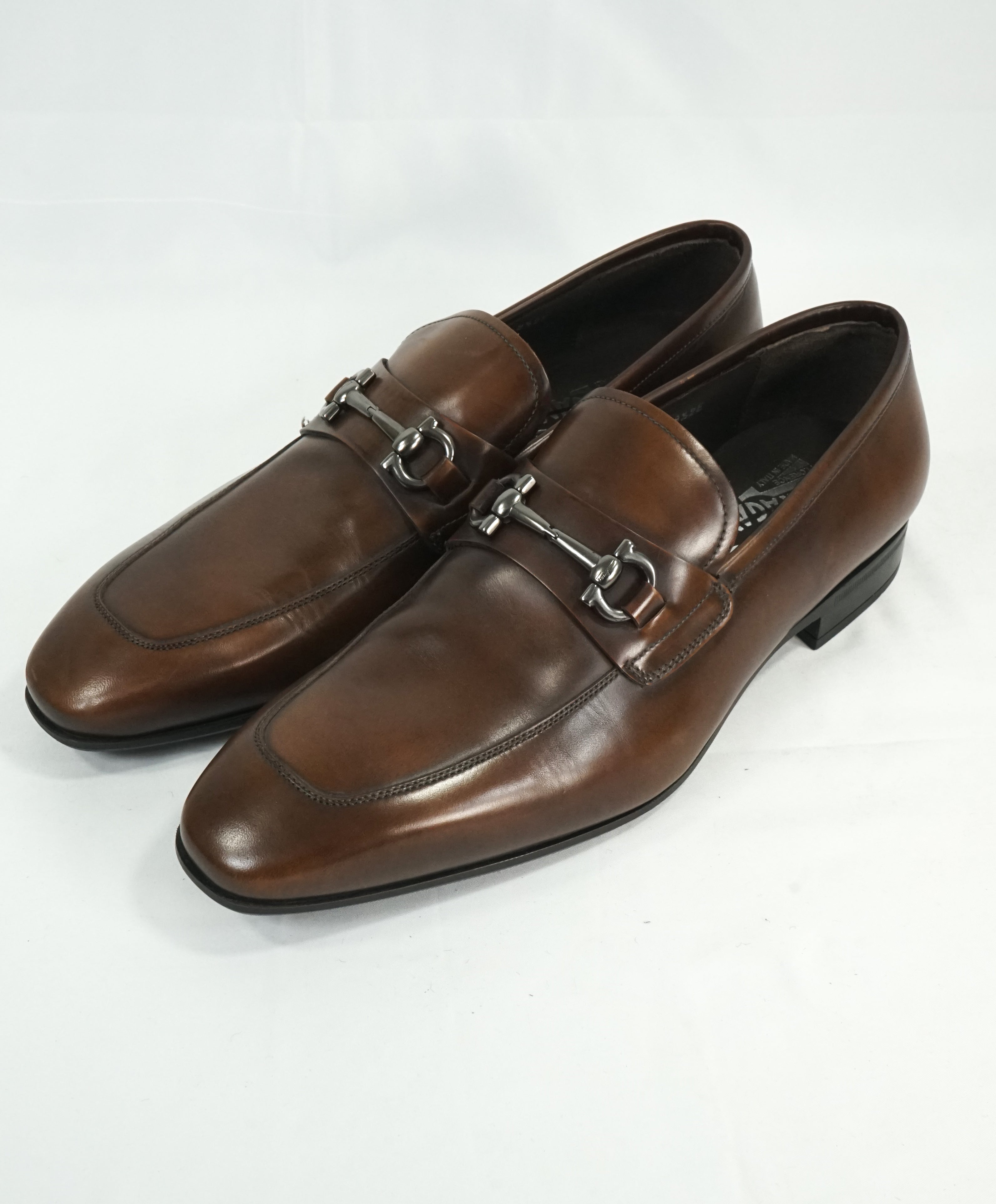 SALVATORE FERRAGAMO -“Giant” Gancini Bit Burnished Brown Leather Loafers - 9.5 EE