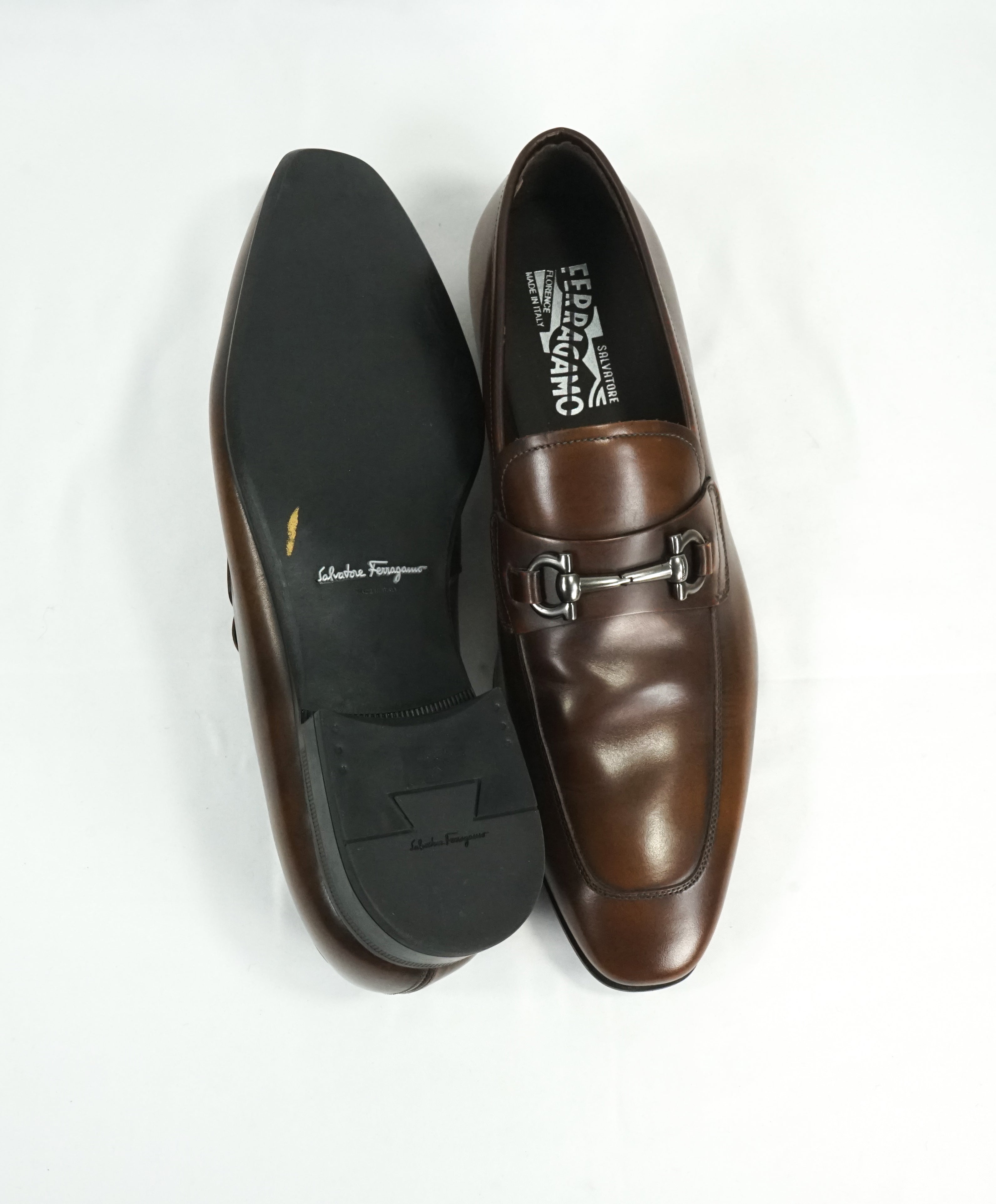 SALVATORE FERRAGAMO -“Giant” Gancini Bit Burnished Brown Leather Loafers - 9.5 EE