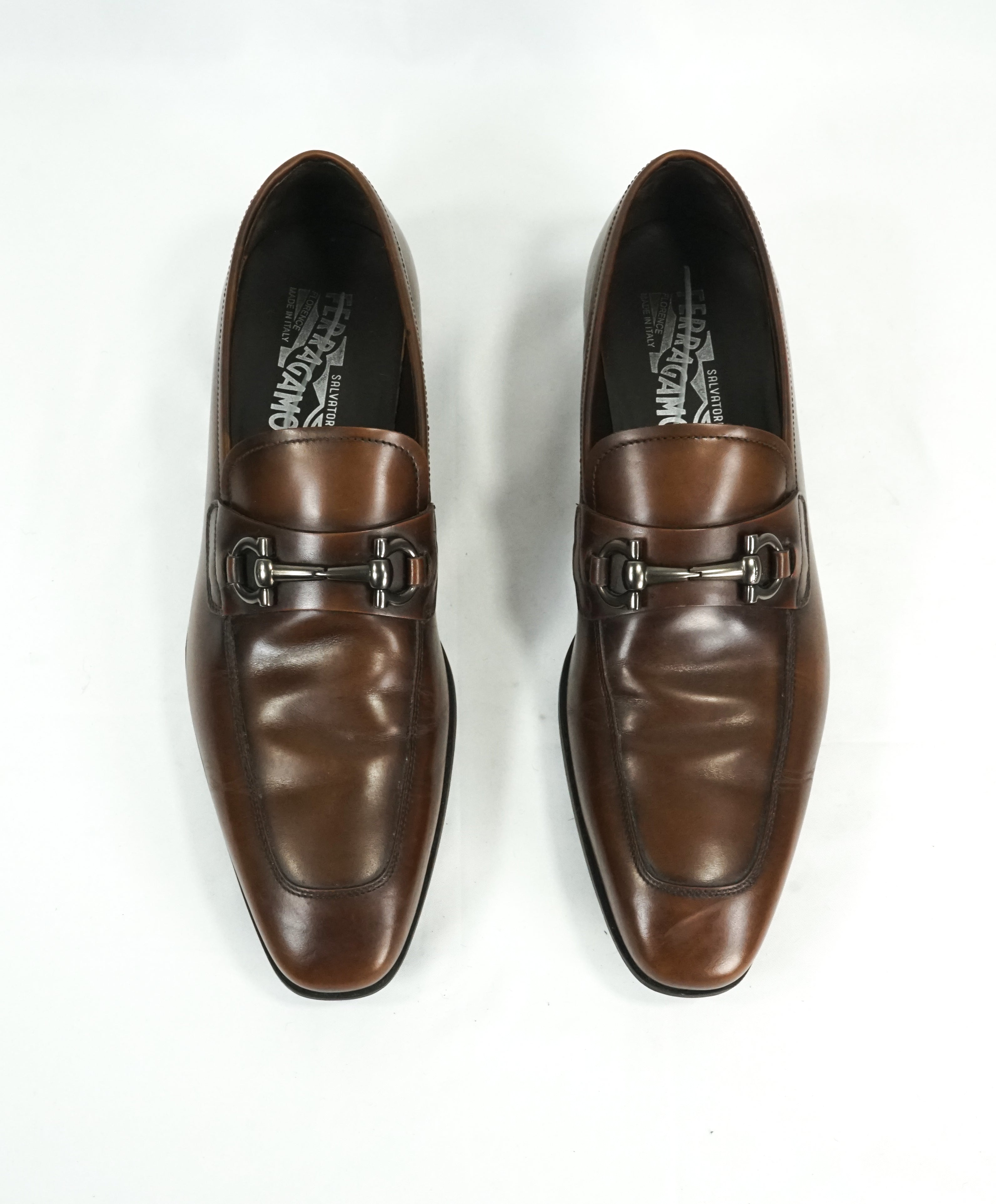 SALVATORE FERRAGAMO -“Giant” Gancini Bit Burnished Brown Leather Loafers - 8 D