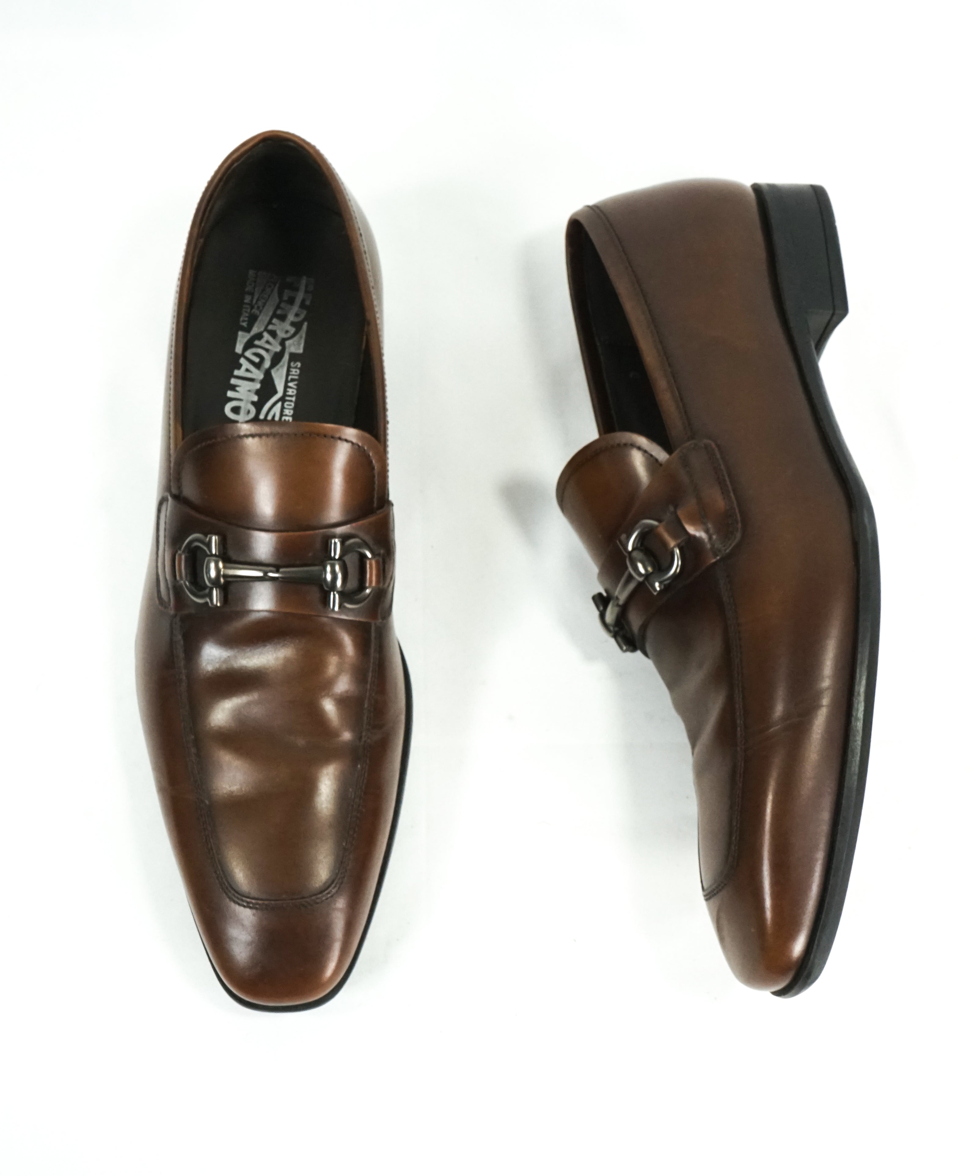 SALVATORE FERRAGAMO -“Giant” Gancini Bit Burnished Brown Leather Loafers - 8 D