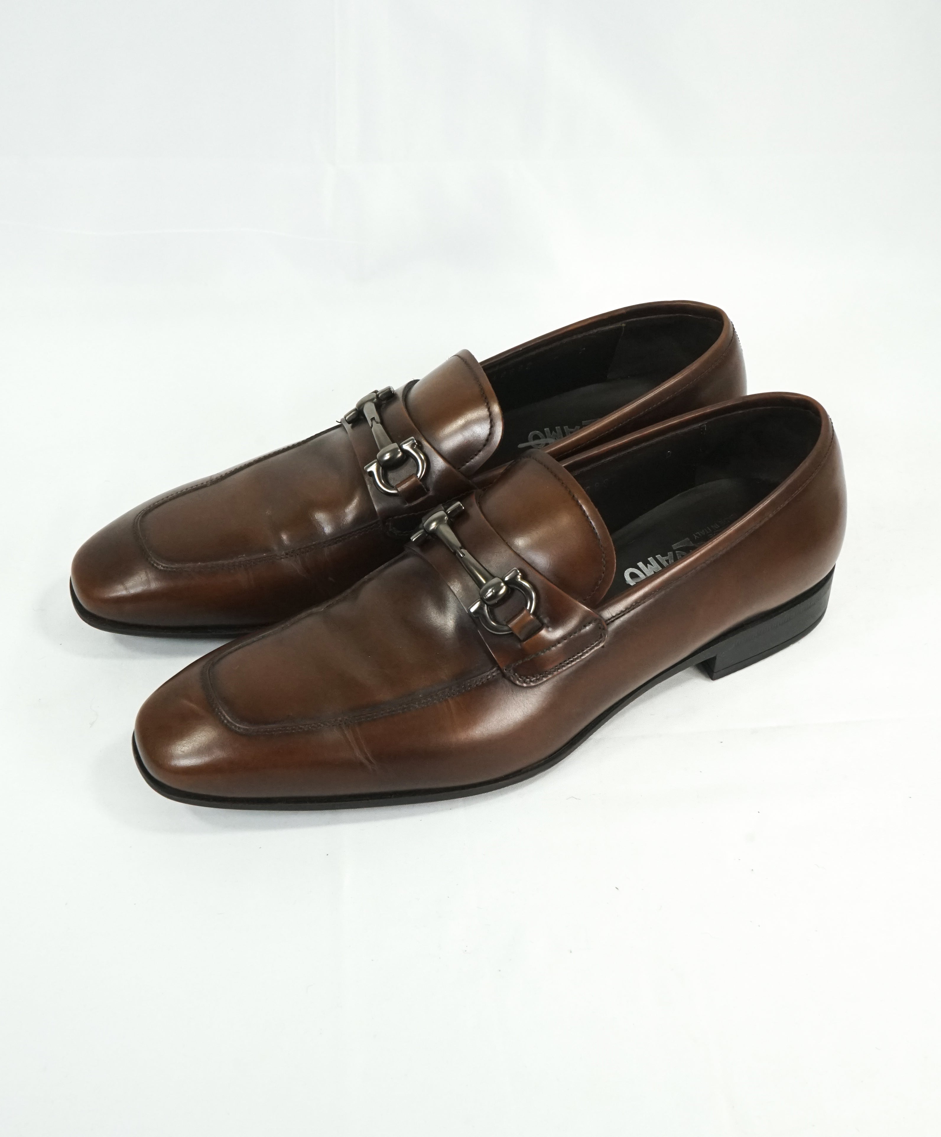 SALVATORE FERRAGAMO -“Giant” Gancini Bit Burnished Brown Leather Loafers - 8 D