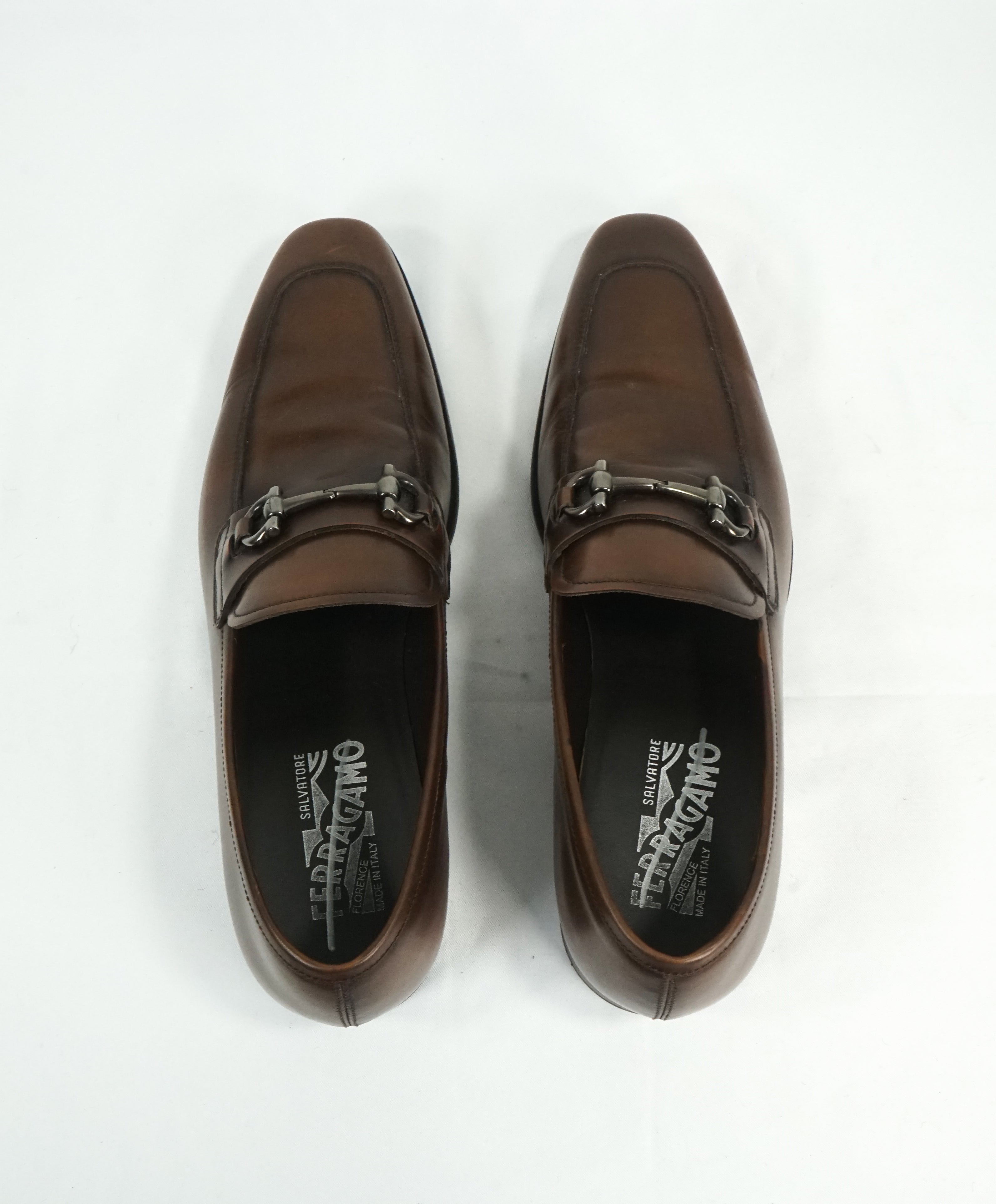 SALVATORE FERRAGAMO -“Giant” Gancini Bit Burnished Brown Leather Loafers - 8 D