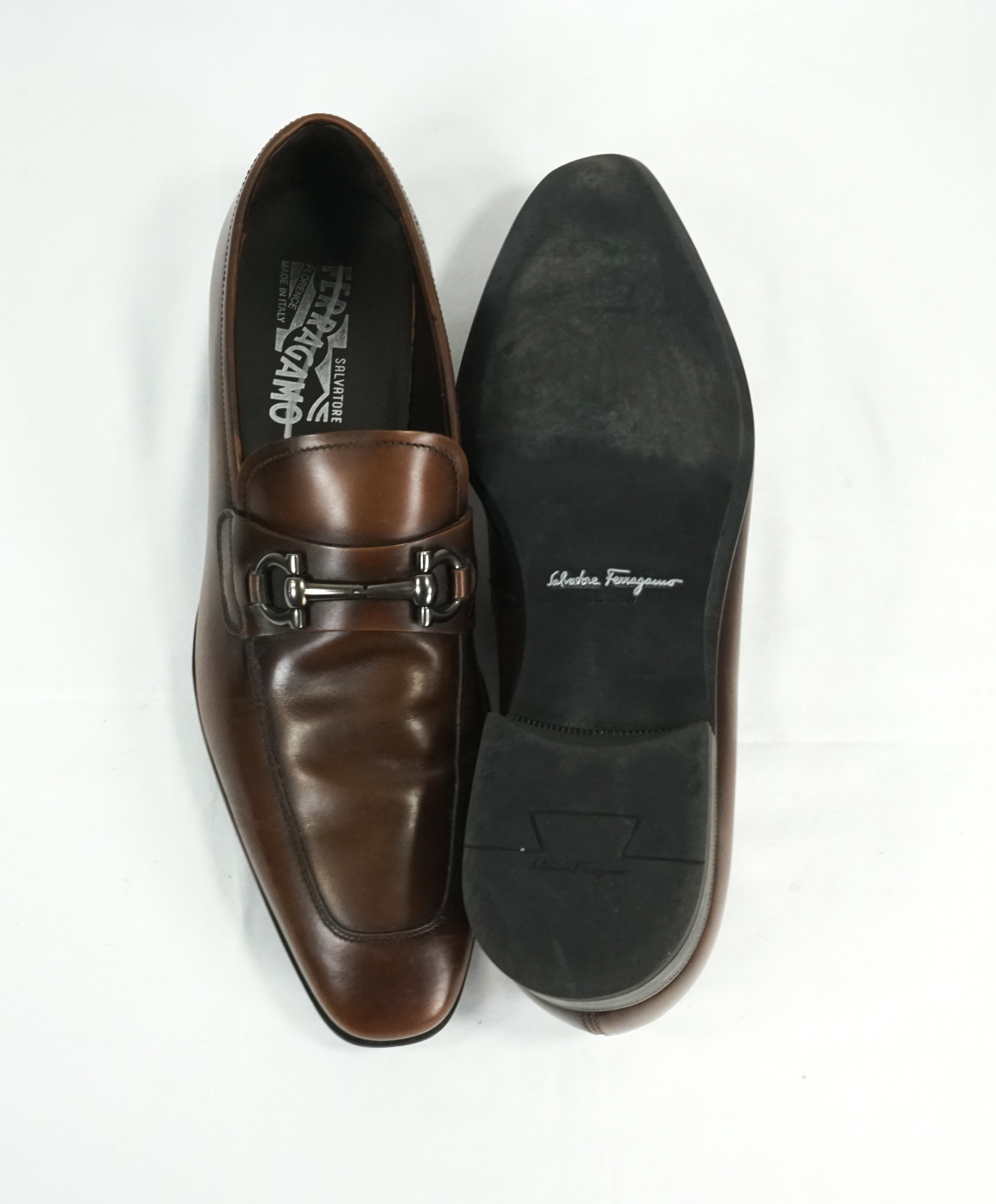 SALVATORE FERRAGAMO -“Giant” Gancini Bit Burnished Brown Leather Loafers - 8 D