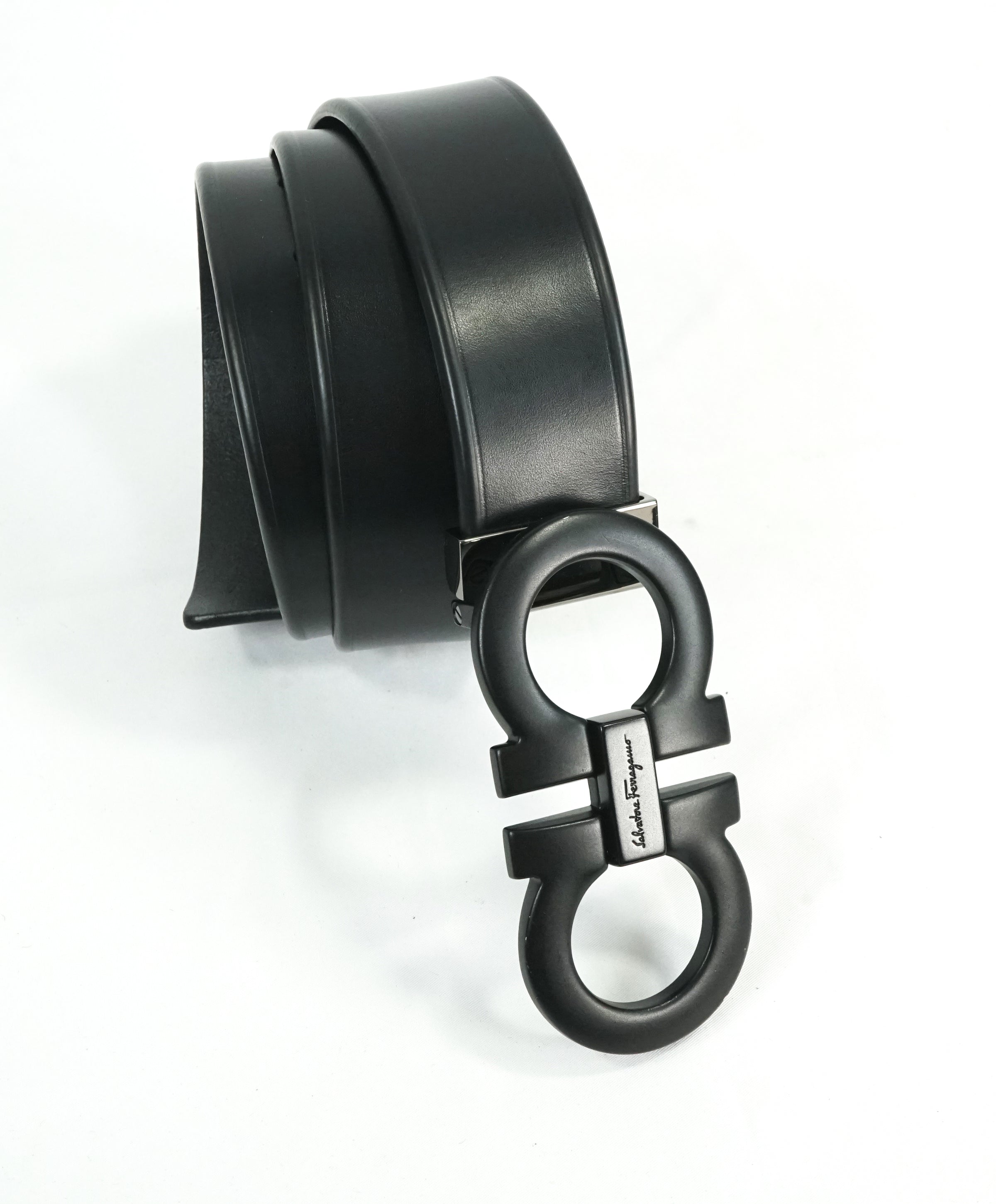 Salvatore Ferragamo Belt Black Leather Buckle Silver Metal 