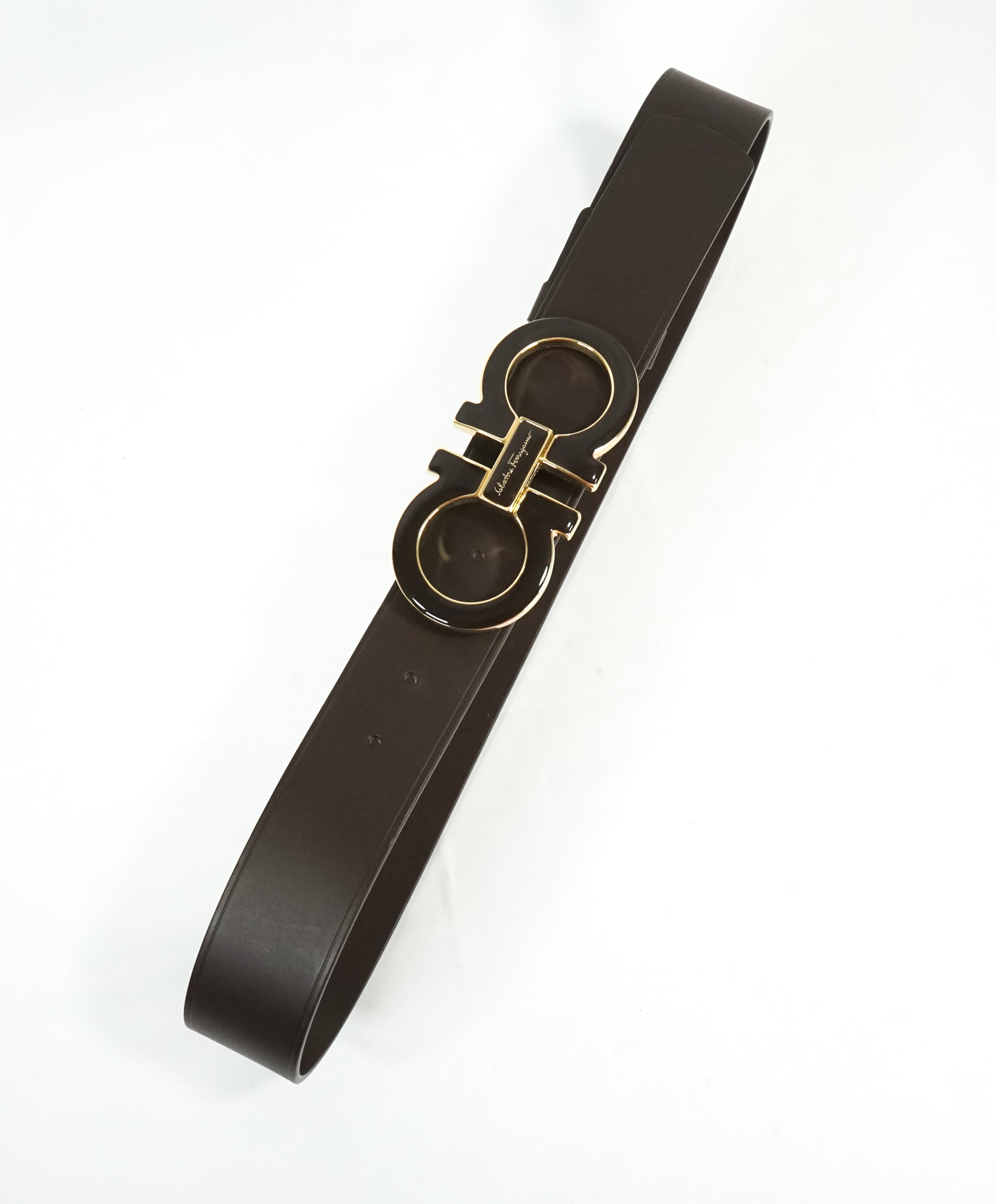 SALVATORE FERRAGAMO - Brown & Gold Enamel Oversized Leather Gancini Belt - 36W