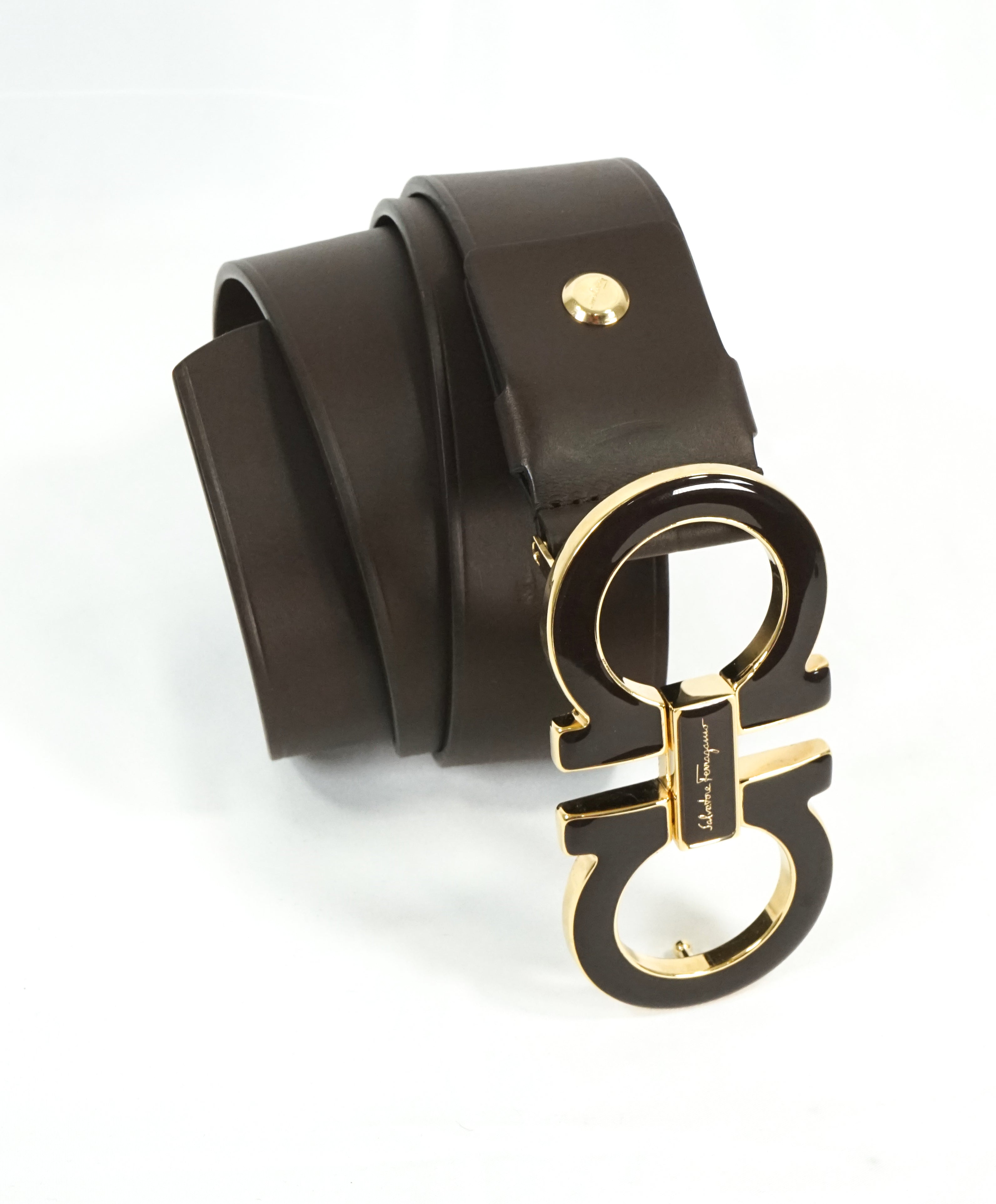 SALVATORE FERRAGAMO - Brown & Gold Enamel Oversized Leather Gancini Belt - 36W