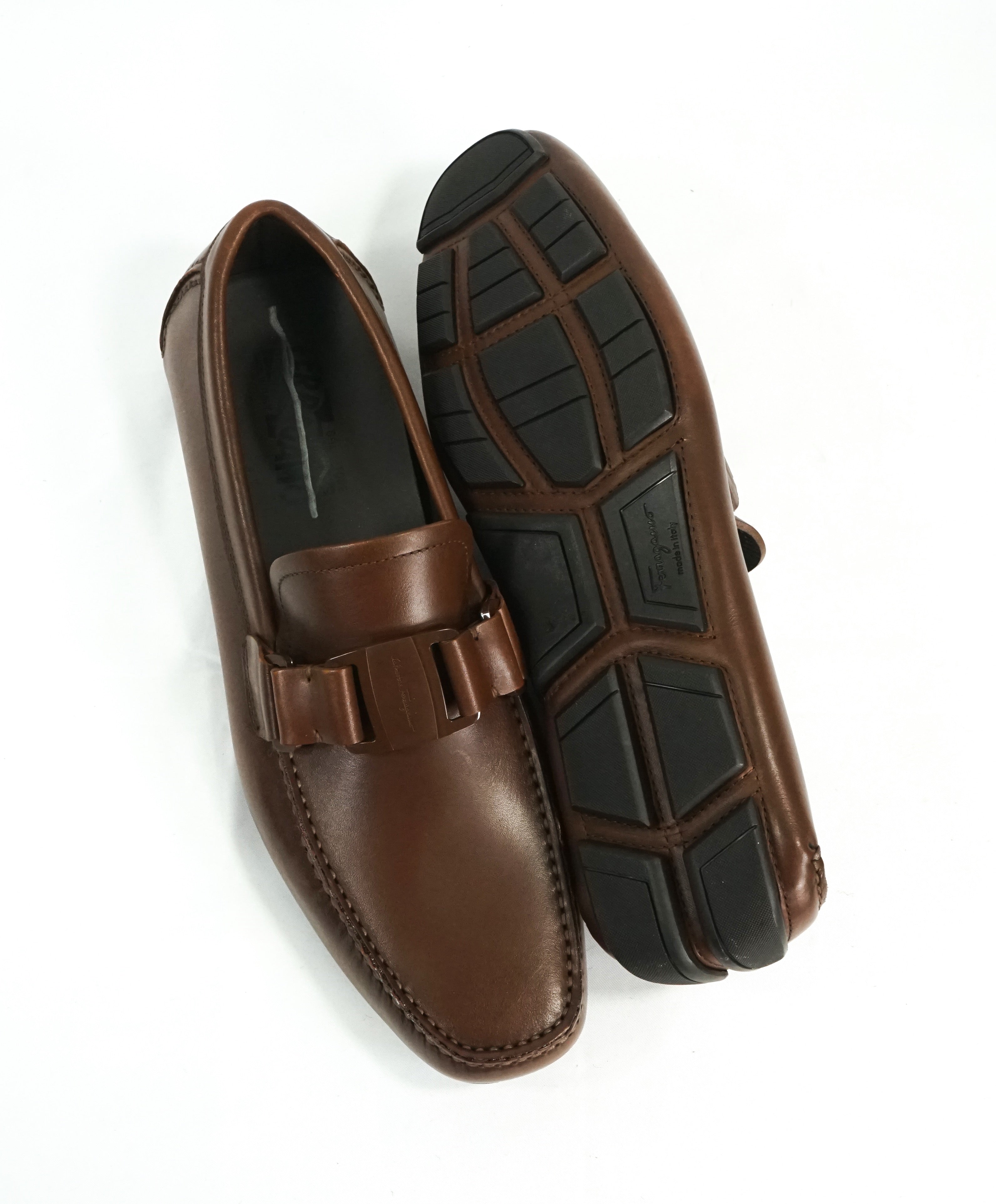 SALVATORE FERRAGAMO - “Sardegna" Tonal Brown Iconic Leather Loafers - 9 D