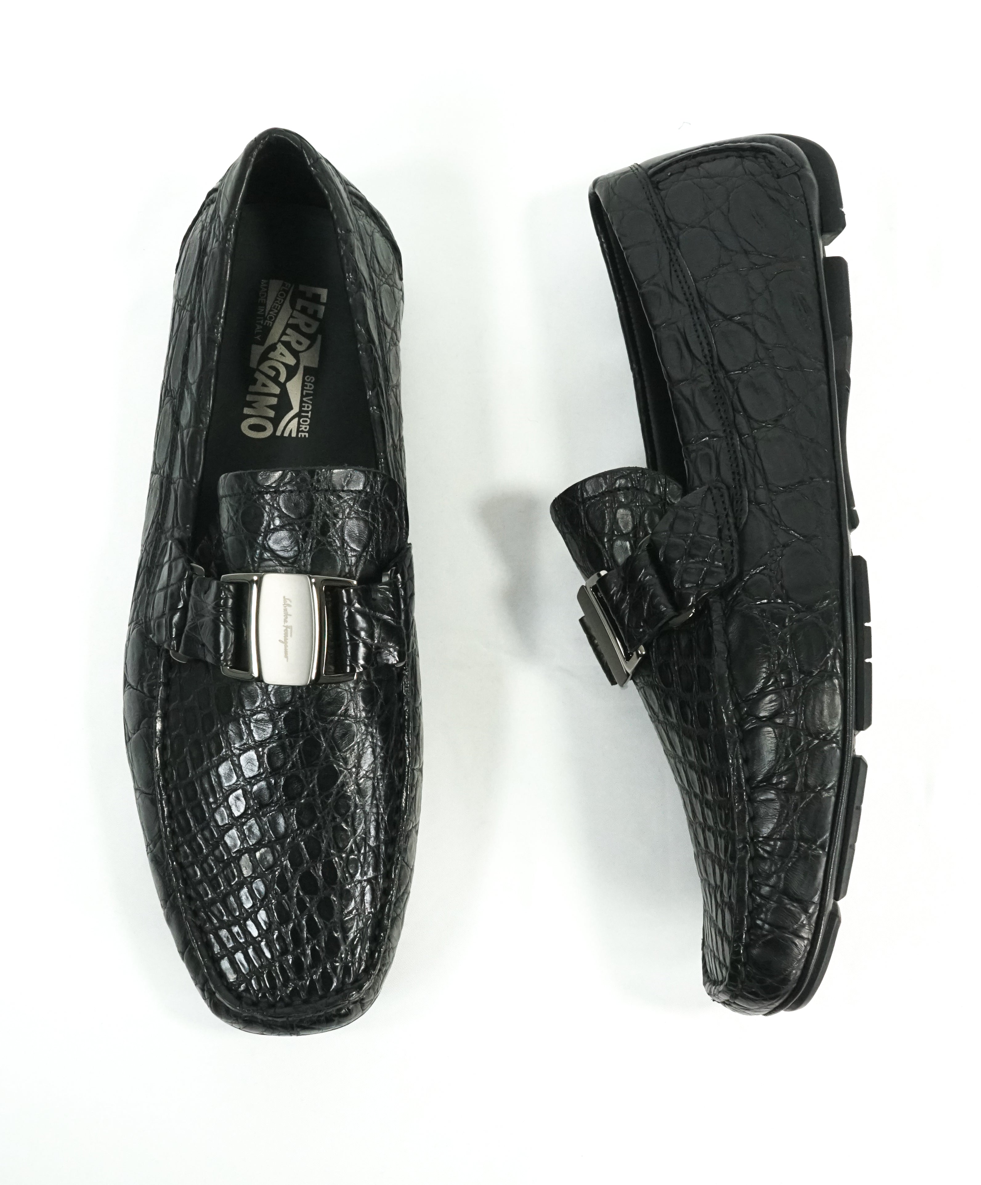 SALVATORE FERRAGAMO - “Sardegna 2" Black Genuine Crocodile Loafers - 8 EEE