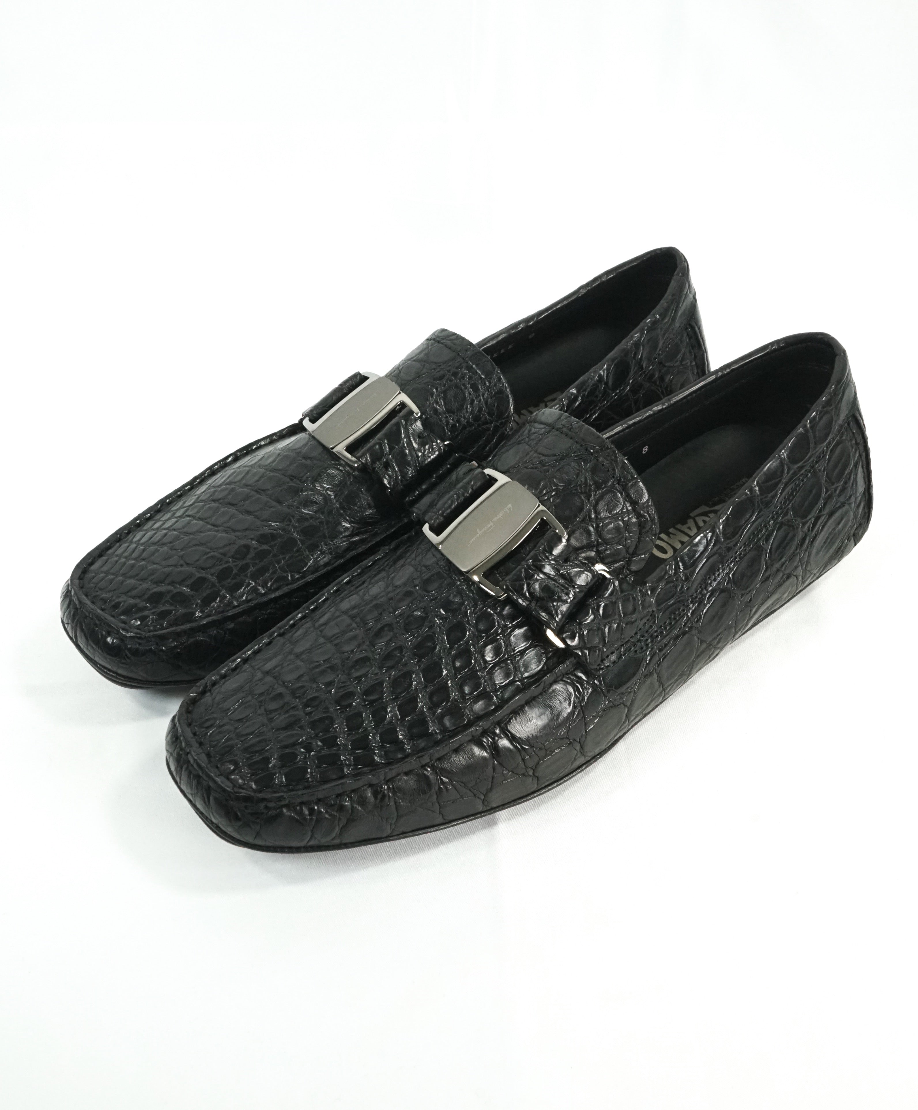 SALVATORE FERRAGAMO - “Sardegna 2" Black Genuine Crocodile Loafers - 8 EEE