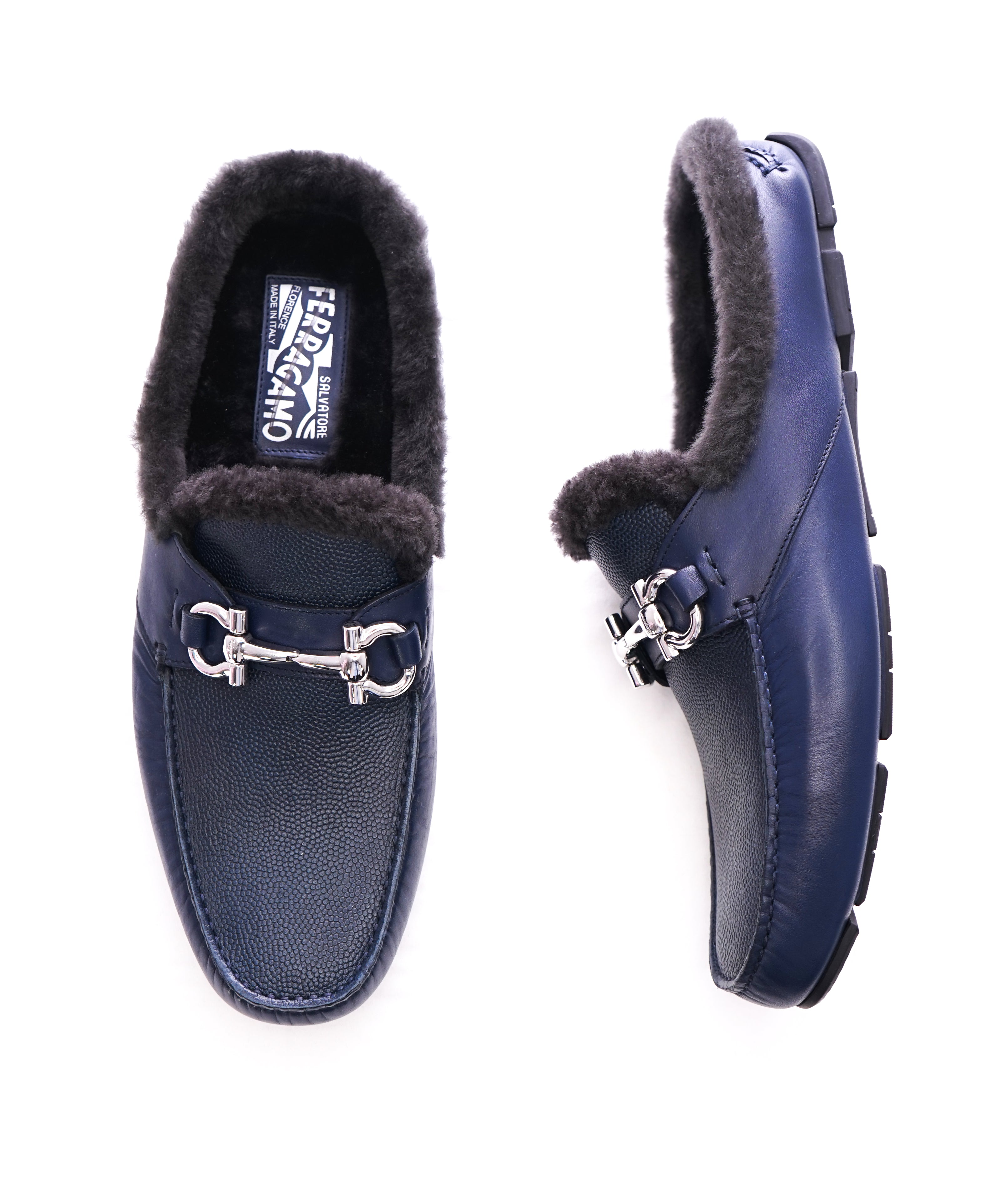 SALVATORE FERRAGAMO - Blue Duca Shearling Backless Drivers Loafers - 11 M