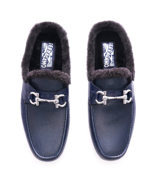 SALVATORE FERRAGAMO - Blue Duca Shearling Backless Drivers Loafers - 11 M