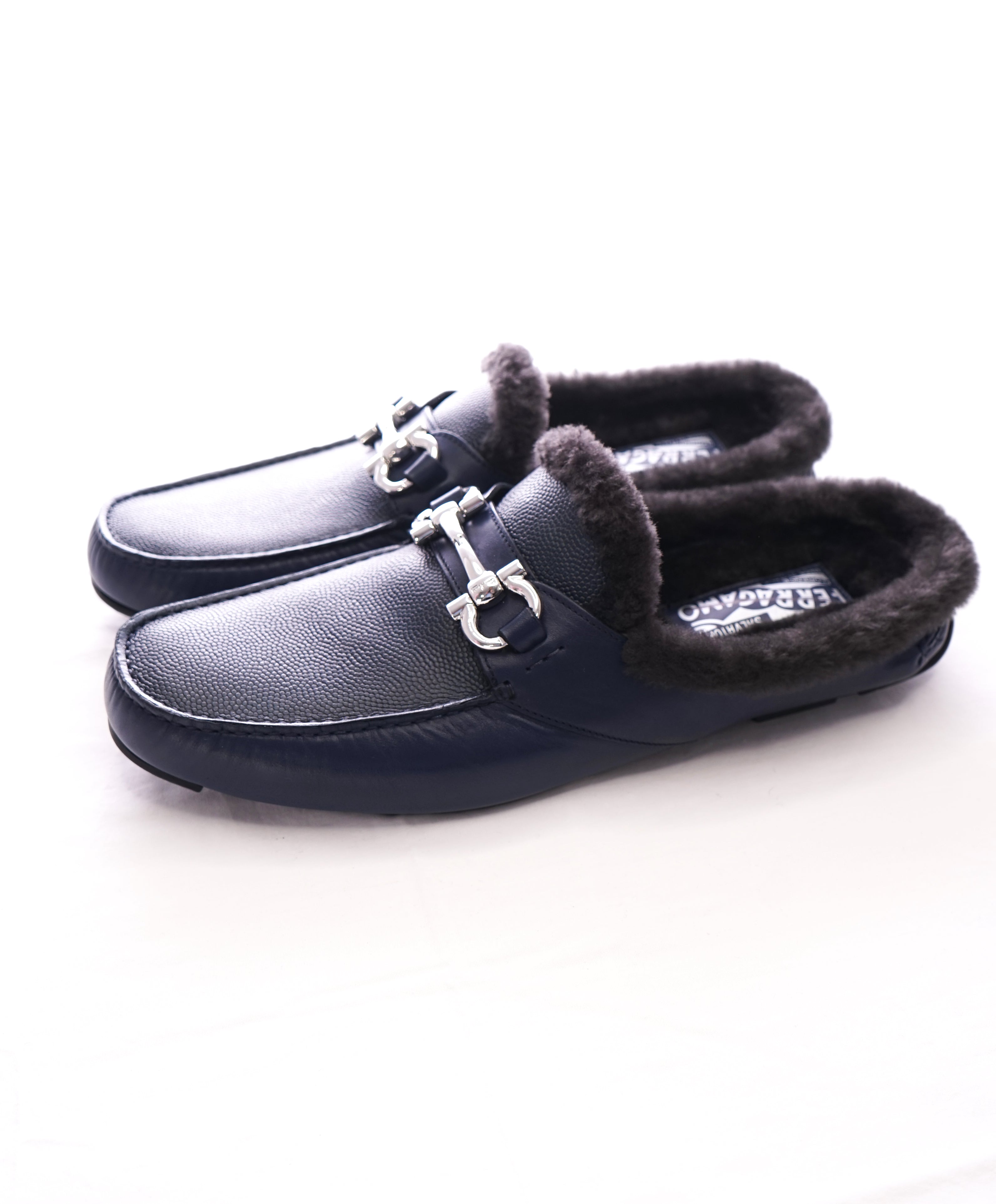 SALVATORE FERRAGAMO - Blue Duca Shearling Backless Drivers Loafers - 11 M