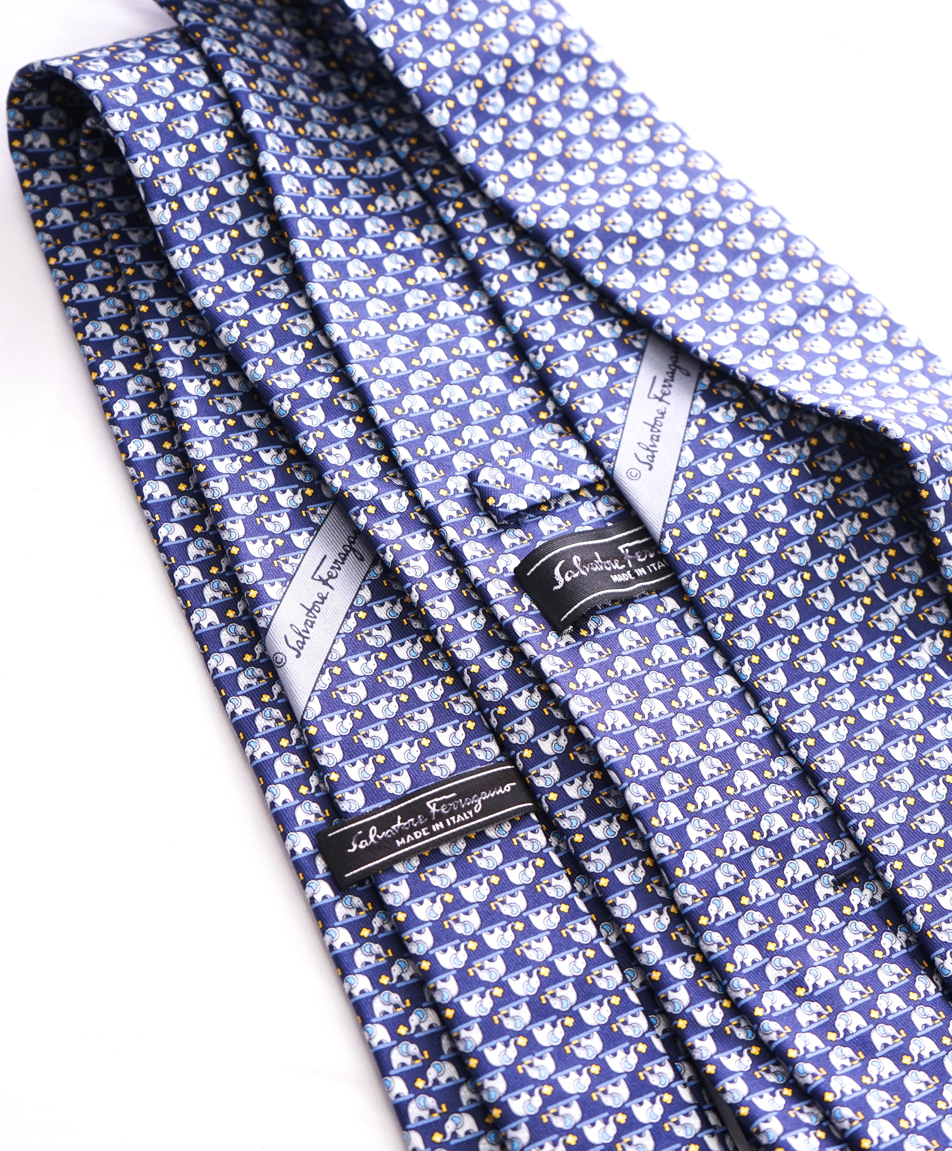 SALVATORE FERRAGAMO - *Father & Son Set* Navy/Yellow Elephant Tie -