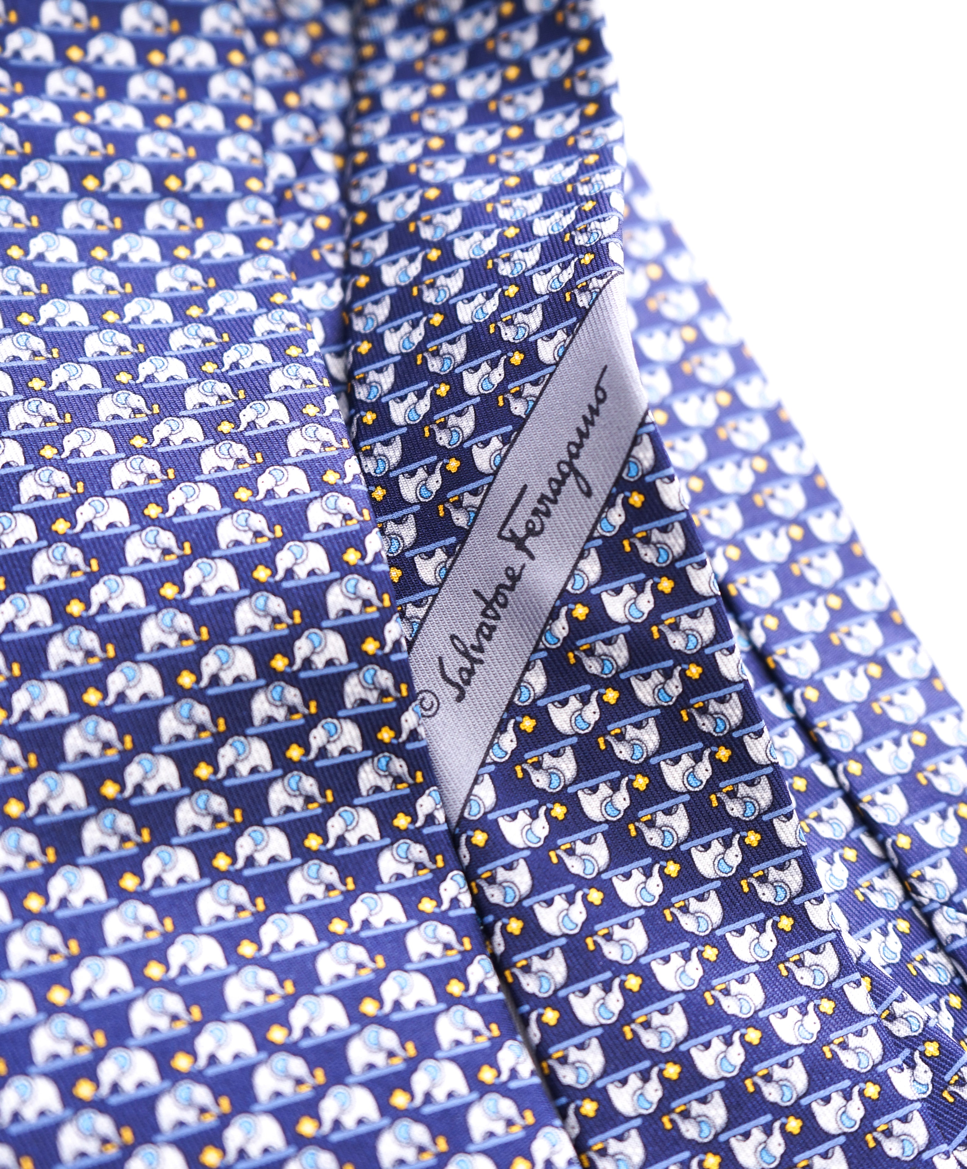 SALVATORE FERRAGAMO -Navy & Yellow Elephant Print Tie  -