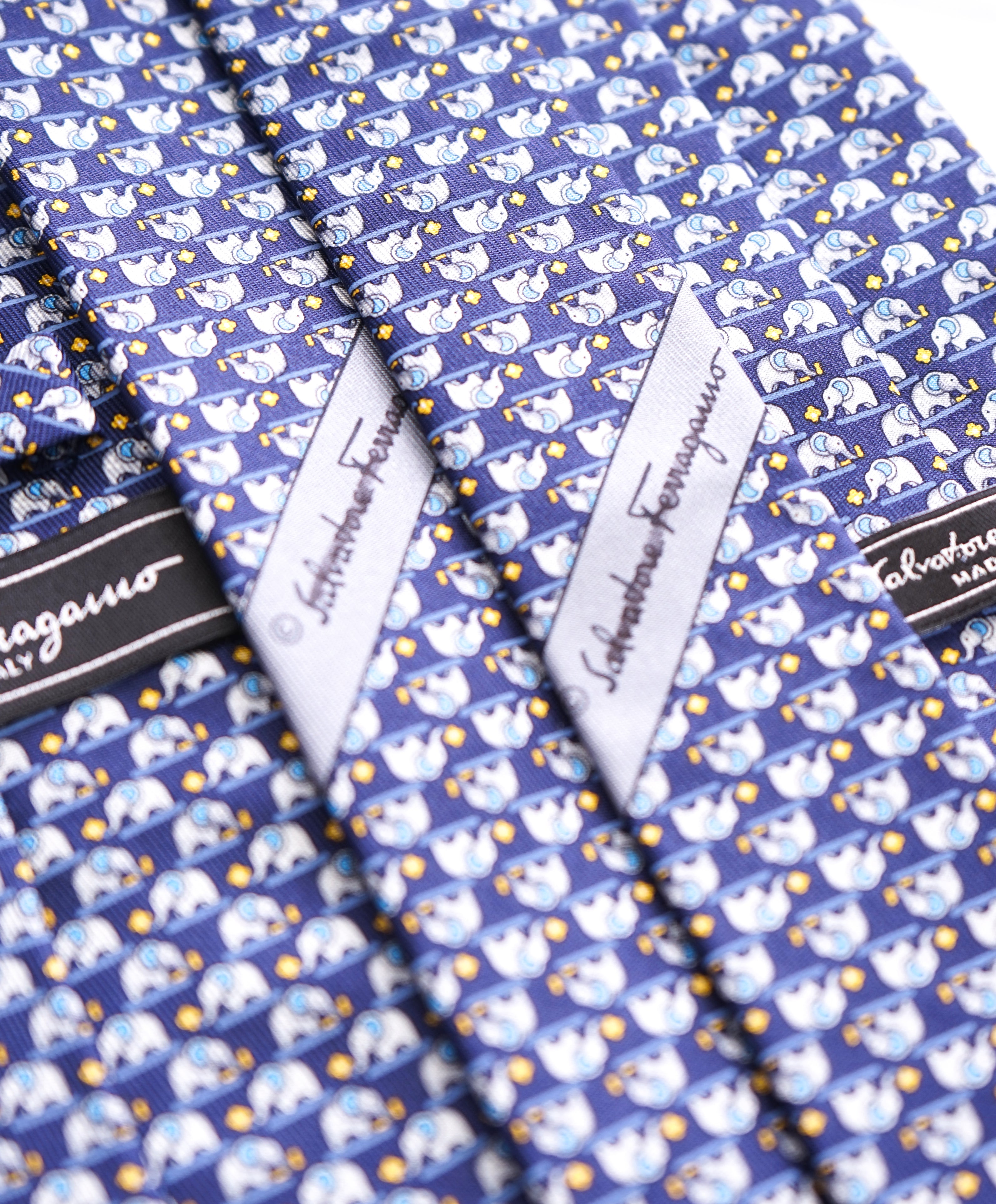 SALVATORE FERRAGAMO  - *Father & Son Set* Navy/Yellow Elephant Tie  -