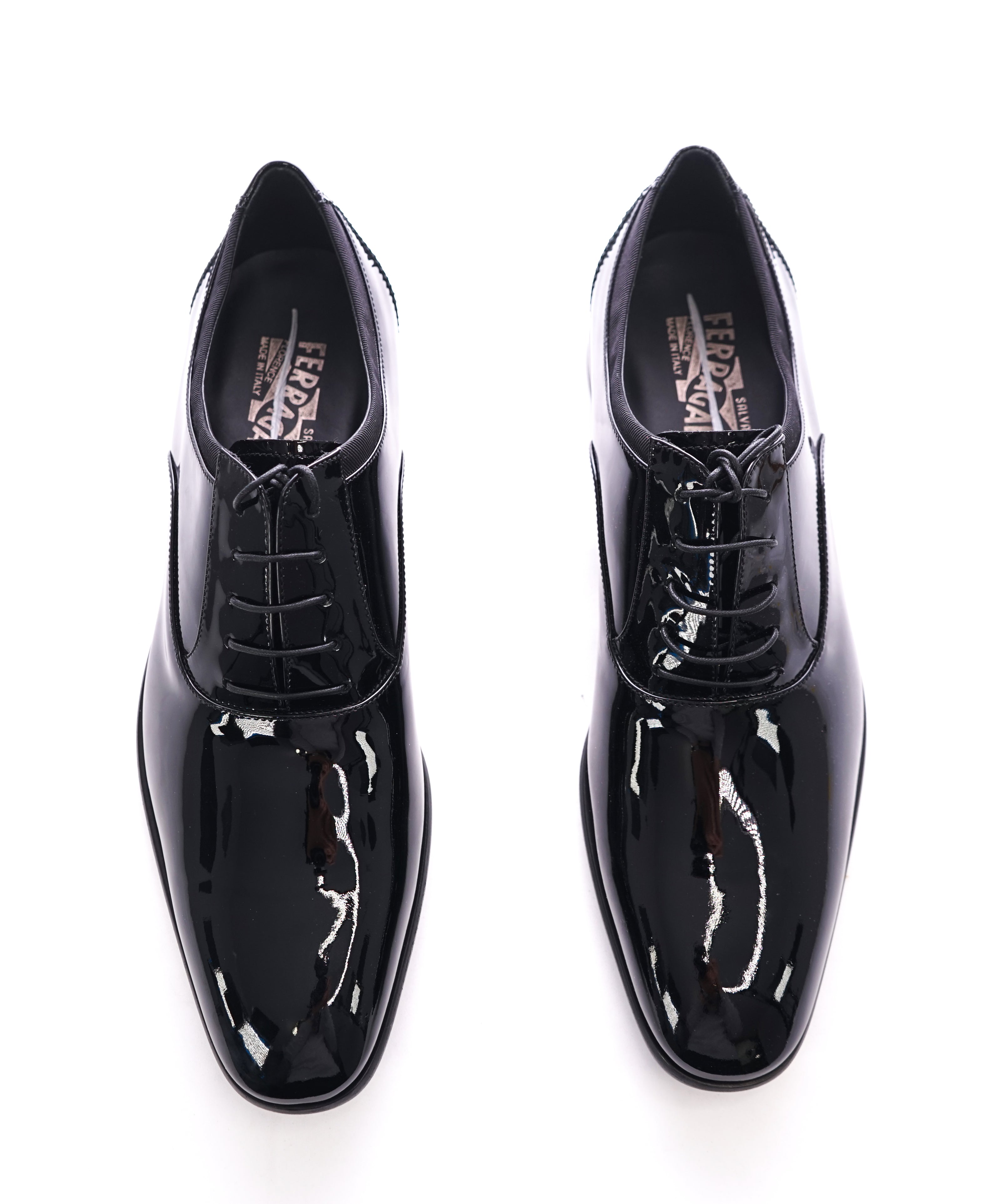 SALVATORE FERRAGAMO - "Aiden" Black Patent Leather Tipped Oxfords - 10.5 D