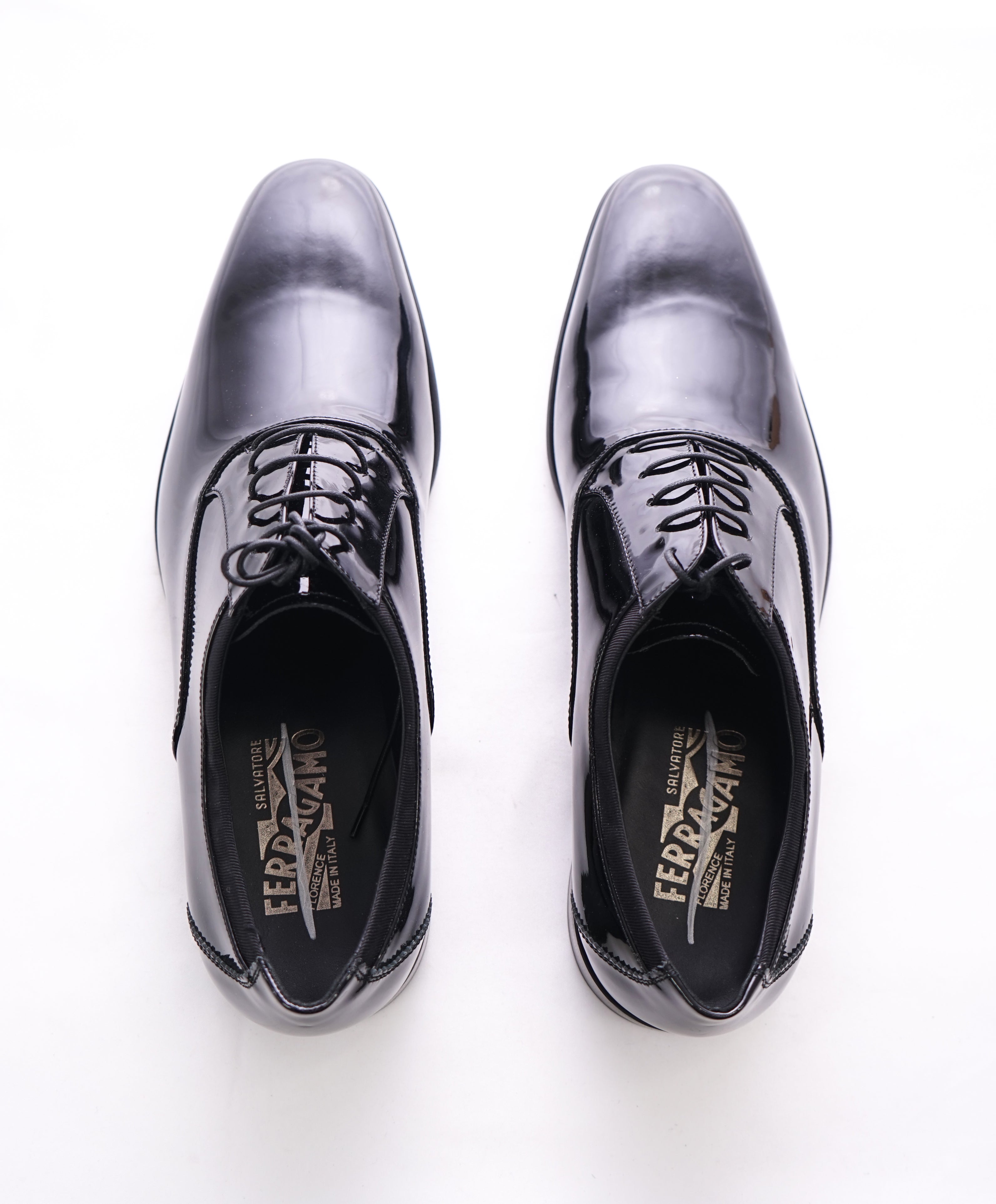 SALVATORE FERRAGAMO - "Aiden" Black Patent Leather Tipped Oxfords - 10.5 D