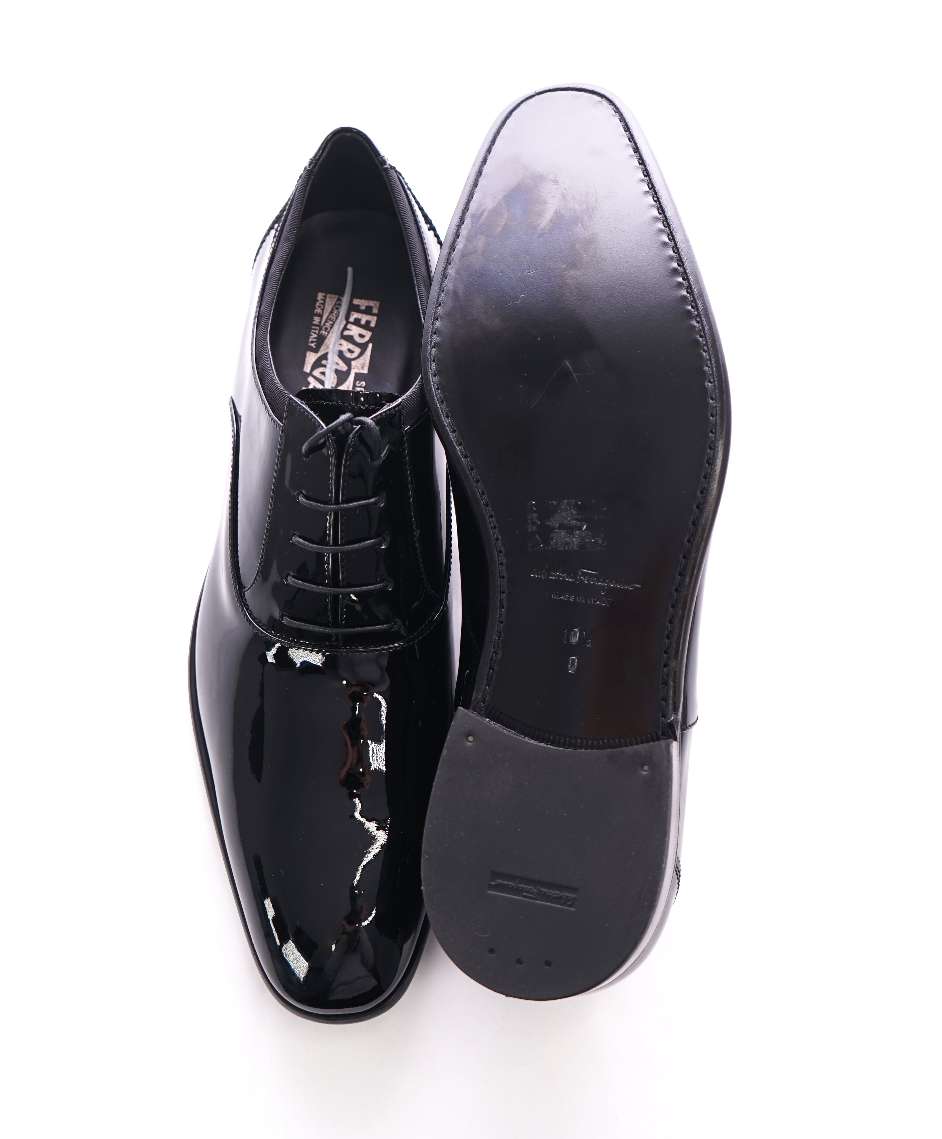 SALVATORE FERRAGAMO - "Aiden" Black Patent Leather Tipped Oxfords - 10.5 D