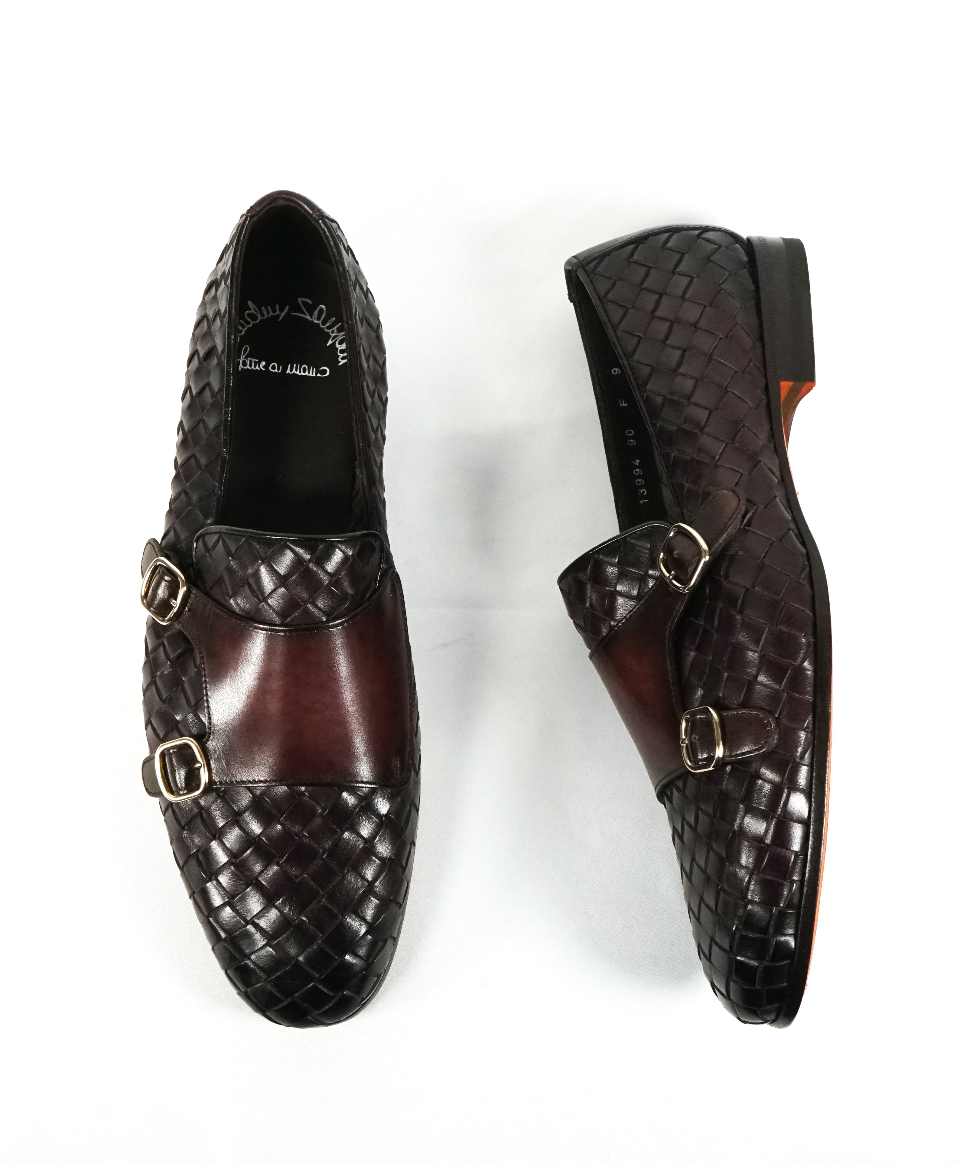 SANTONI - Oxblood Hand-Antiqued Woven Leather Monk Strap Loafers - 10