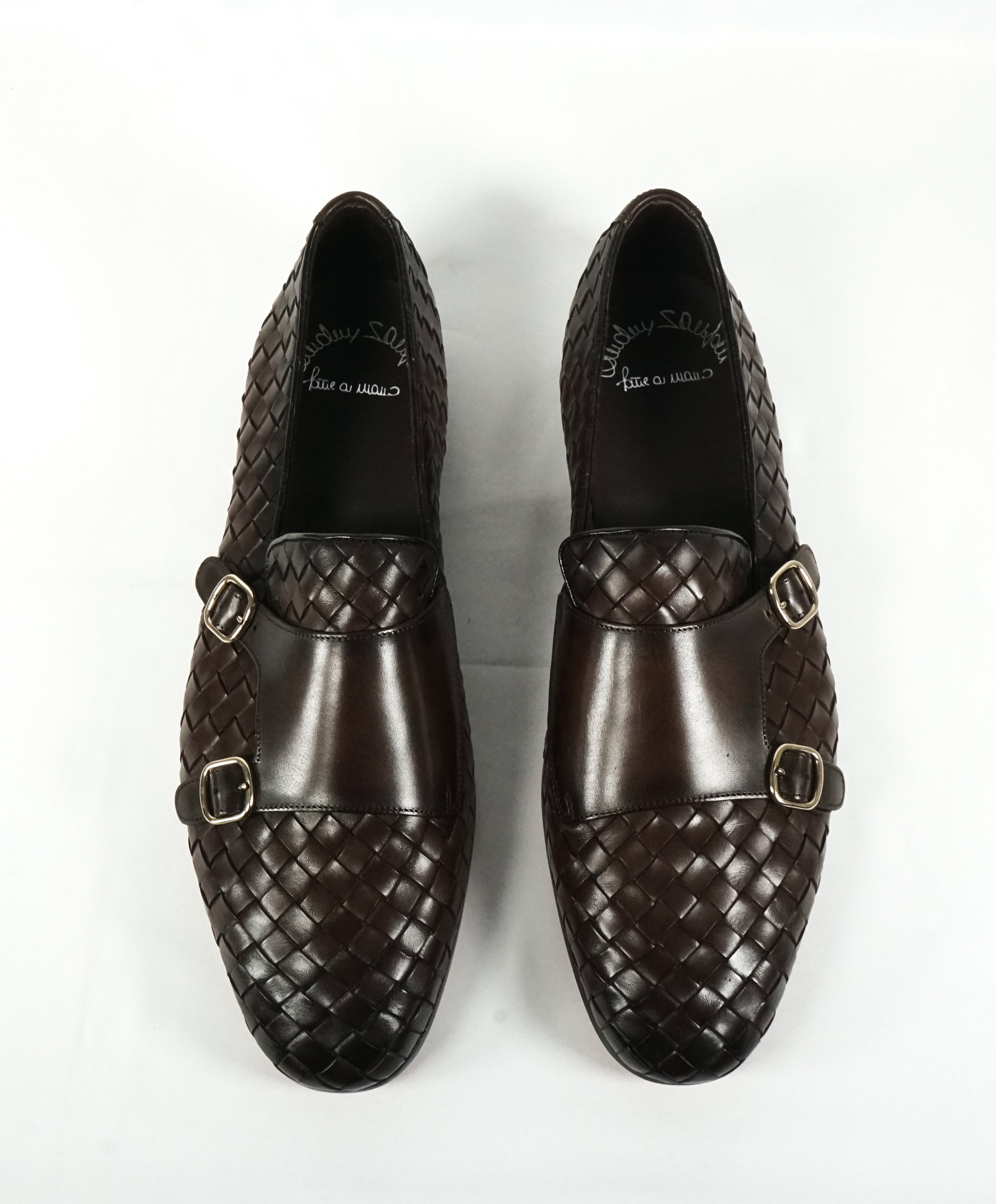 SANTONI - Brown Hand-Antiqued Woven Leather Monk Strap Loafers - 11.5