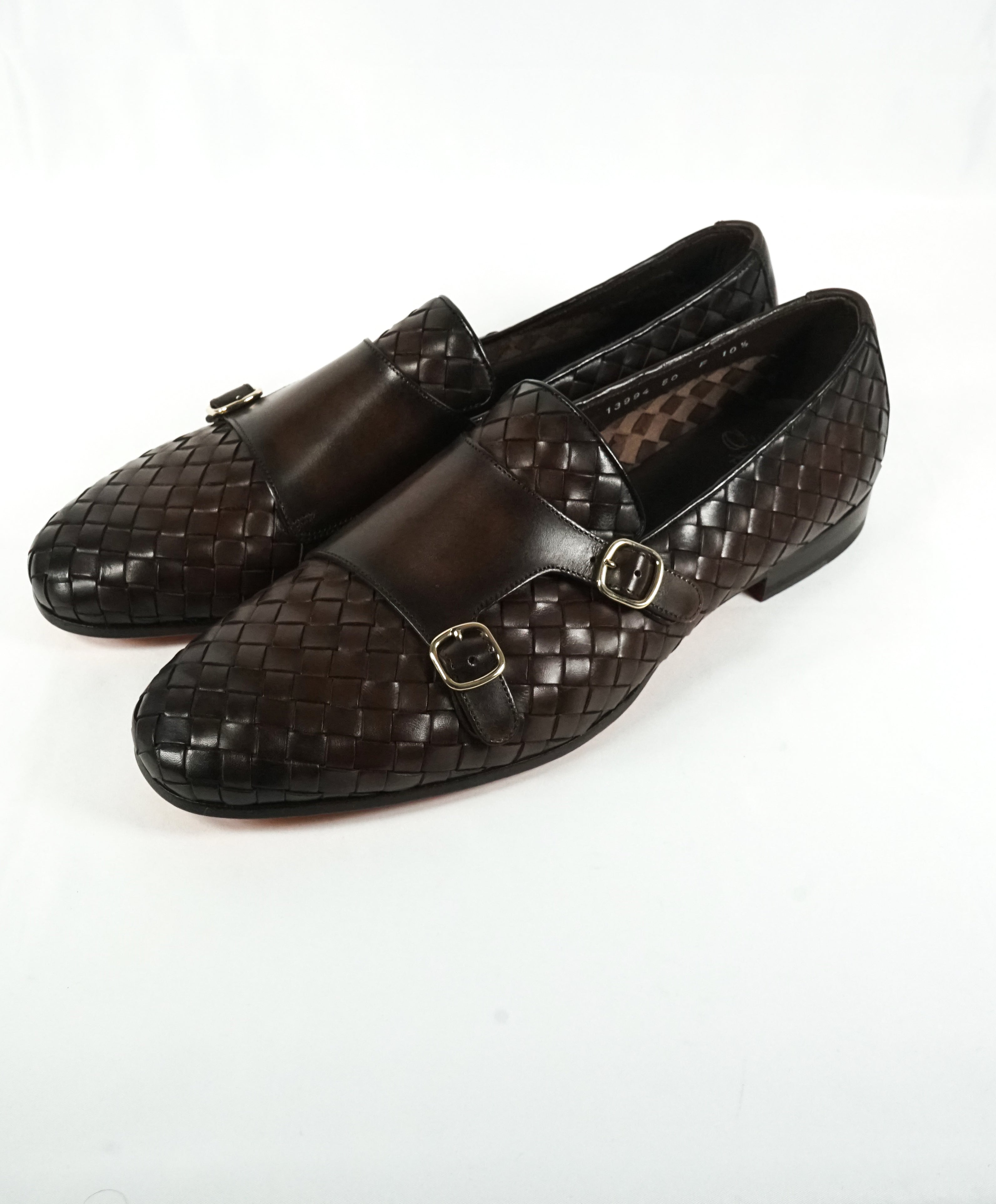 SANTONI - Brown Hand-Antiqued Woven Leather Monk Strap Loafers - 11.5