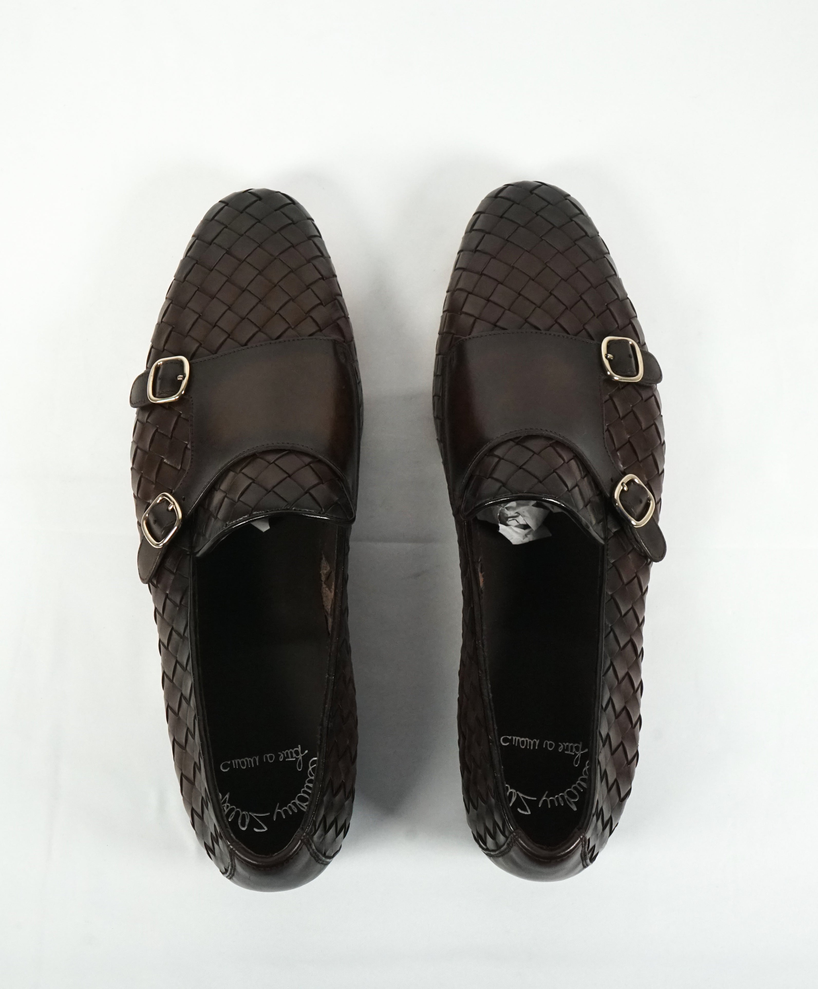 SANTONI - Brown Hand-Antiqued Woven Leather Monk Strap Loafers - 11.5