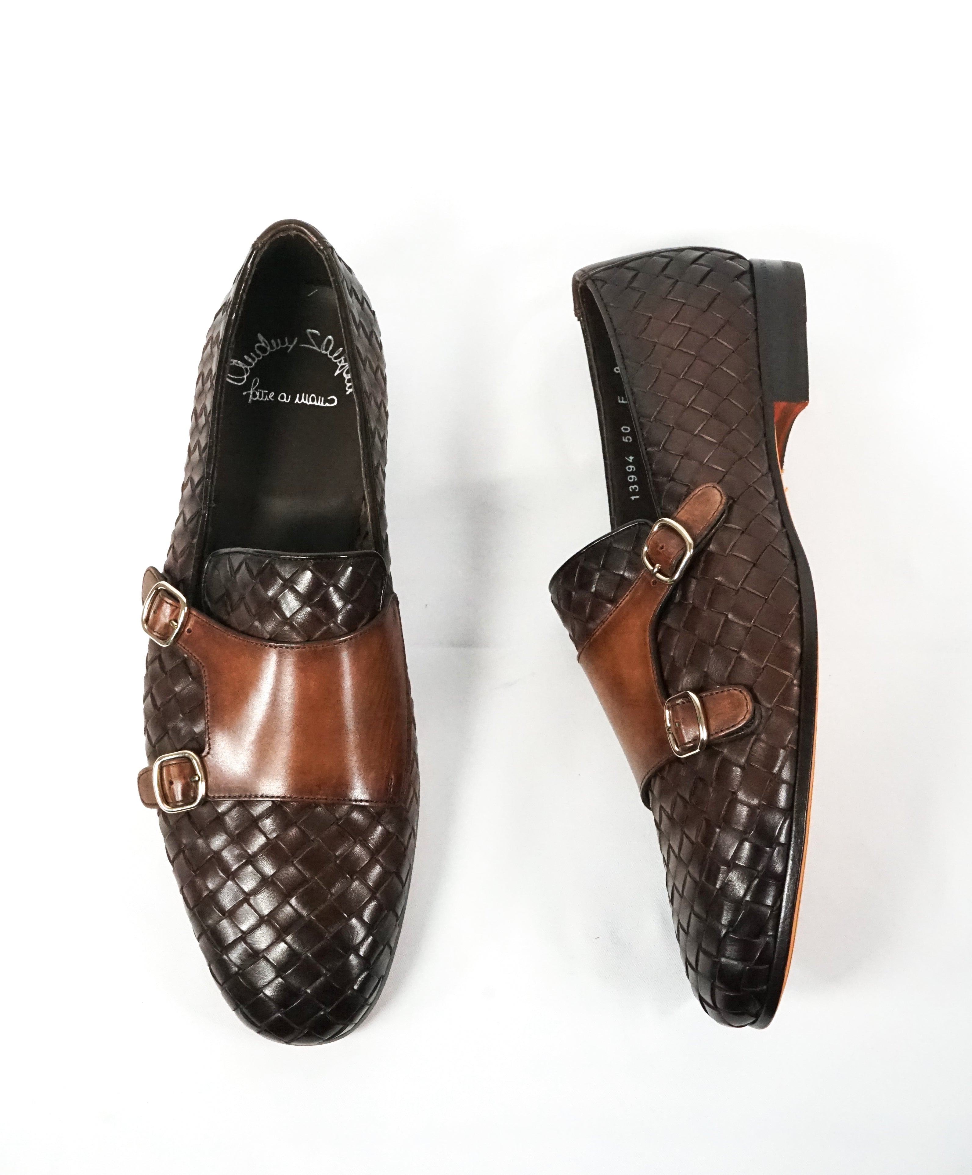 SANTONI - Brown Hand-Antiqued Woven Leather Monk Strap Loafers - 10