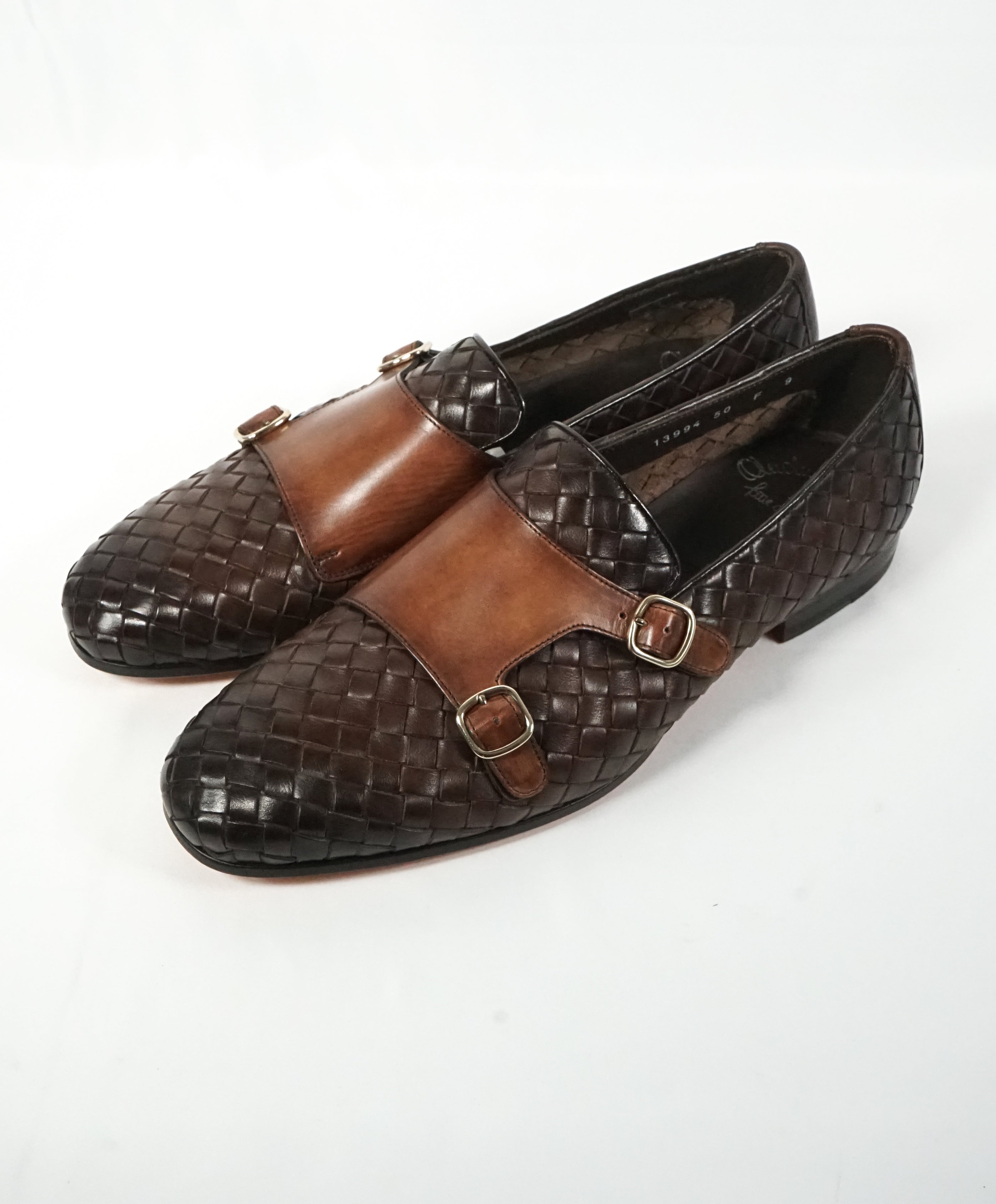 SANTONI - Brown Hand-Antiqued Woven Leather Monk Strap Loafers - 10