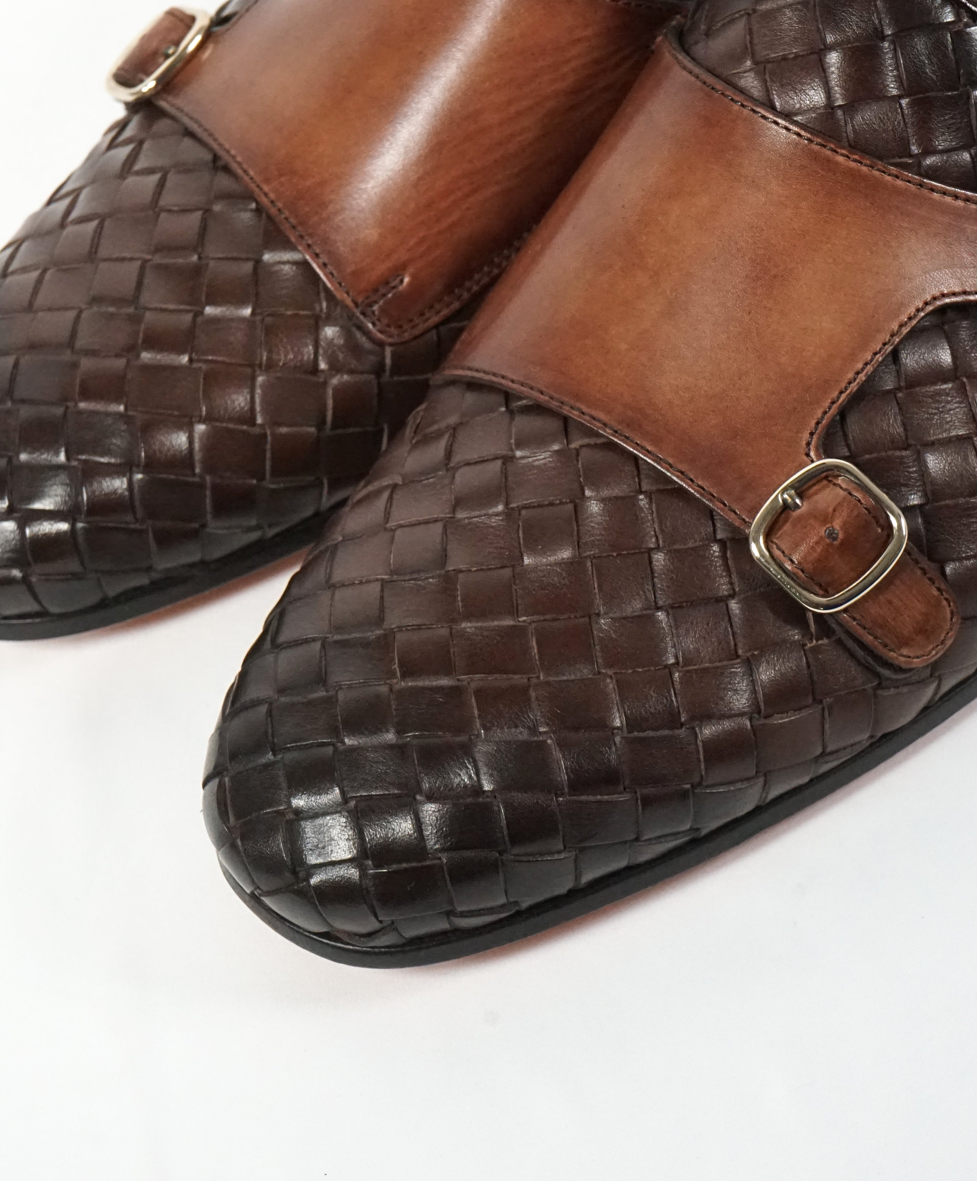 SANTONI - Brown Hand-Antiqued Woven Leather Monk Strap Loafers - 10