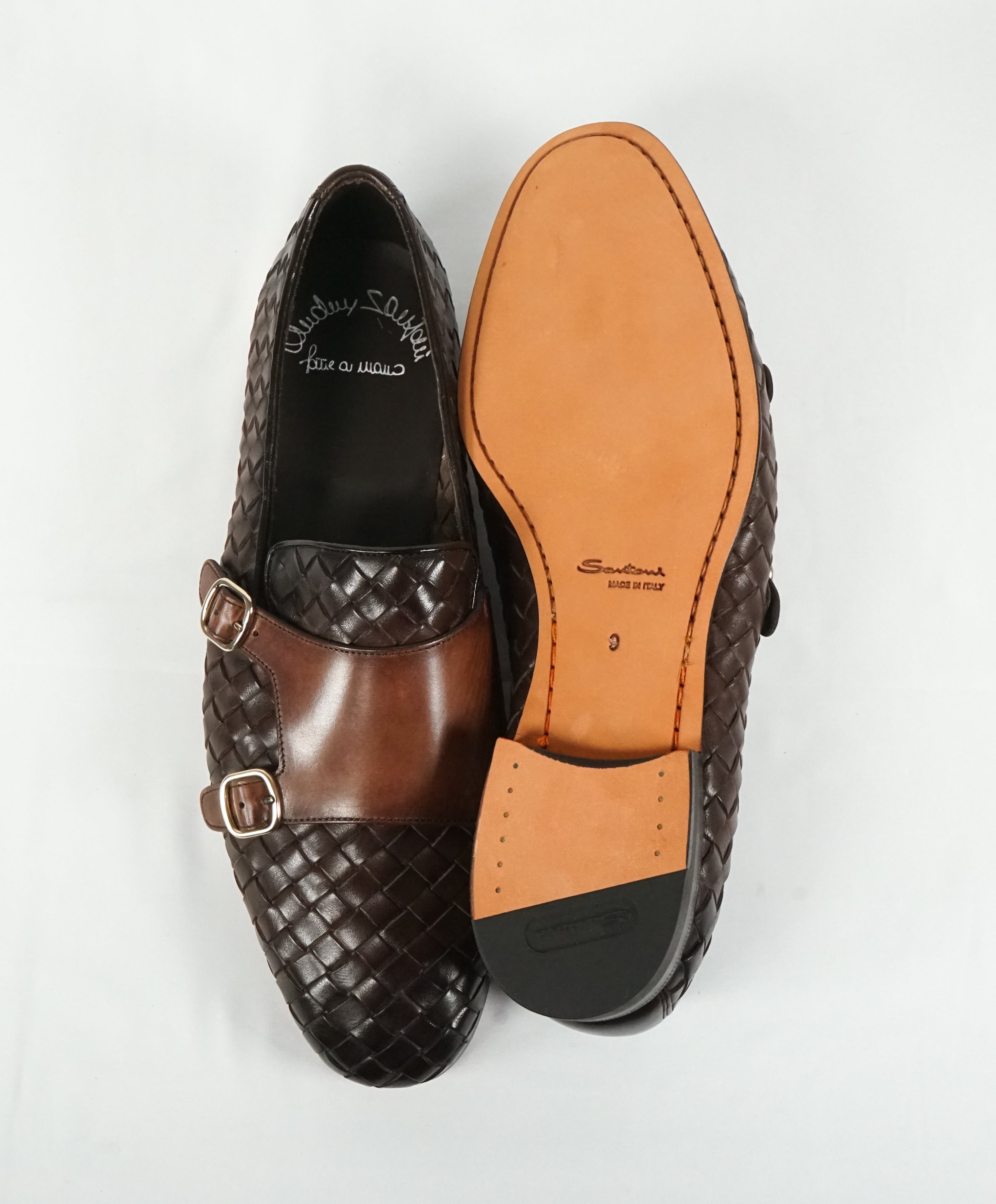 SANTONI - Brown Hand-Antiqued Woven Leather Monk Strap Loafers - 10