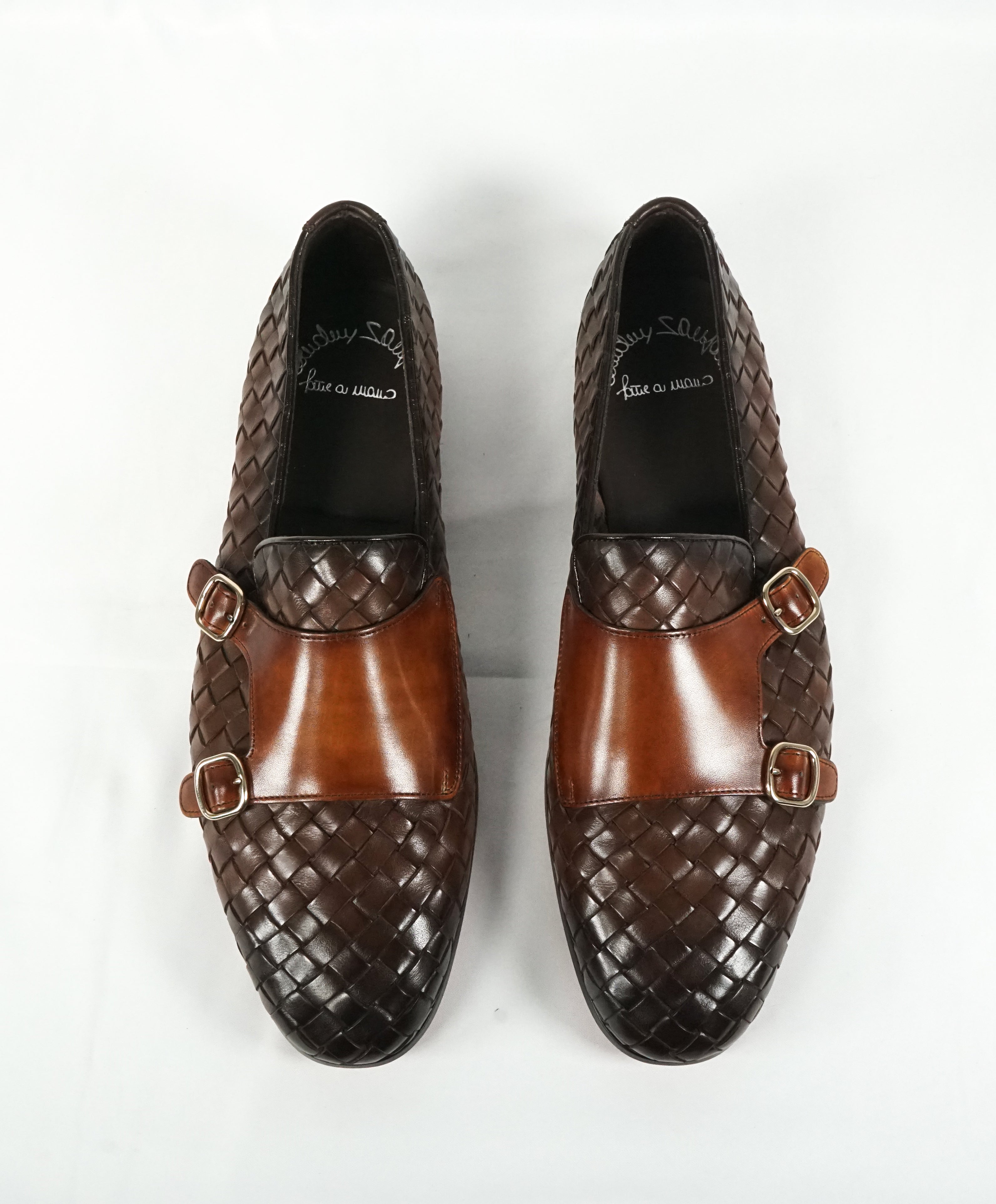 SANTONI - Brown Hand-Antiqued Woven Leather Monk Strap Loafers - 10.5