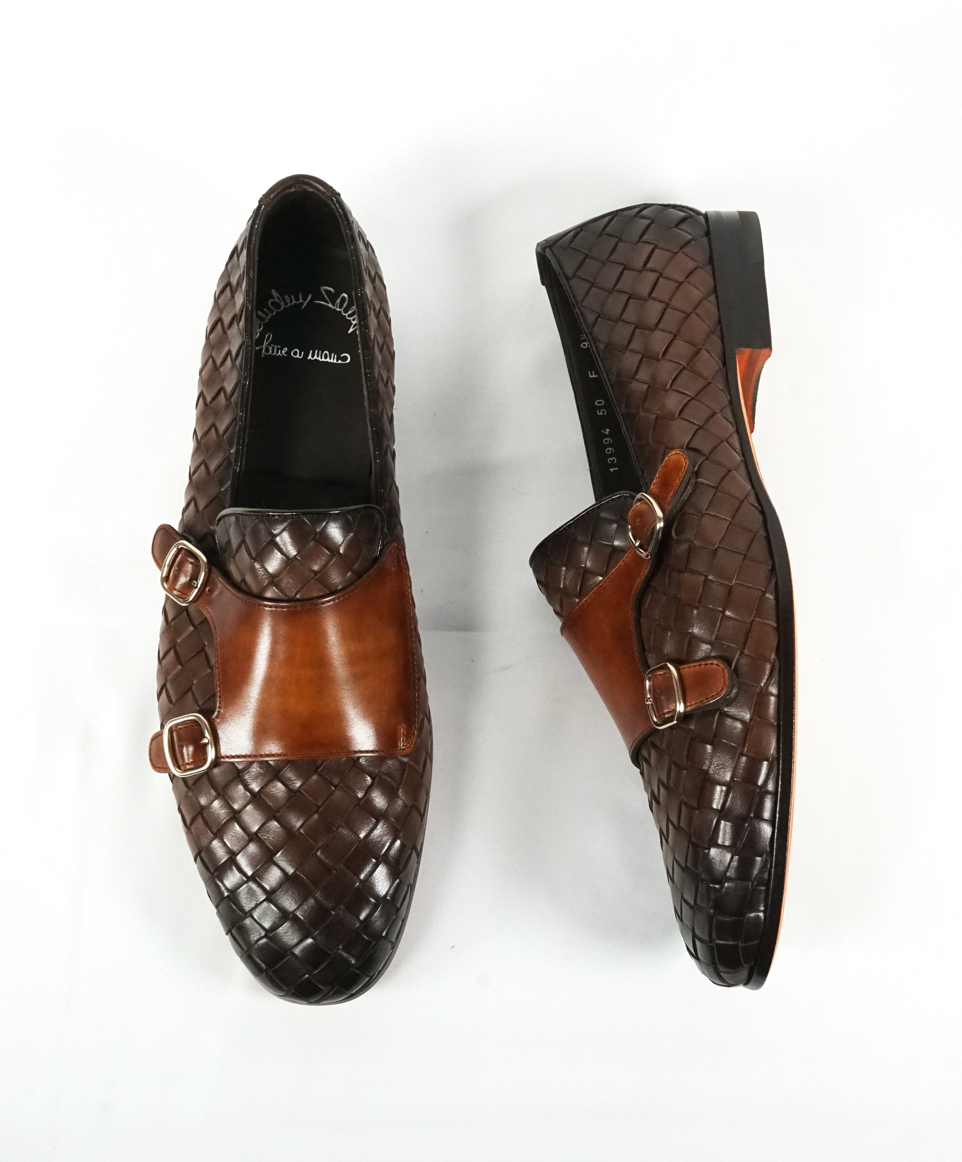 SANTONI - Brown Hand-Antiqued Woven Leather Monk Strap Loafers - 10.5