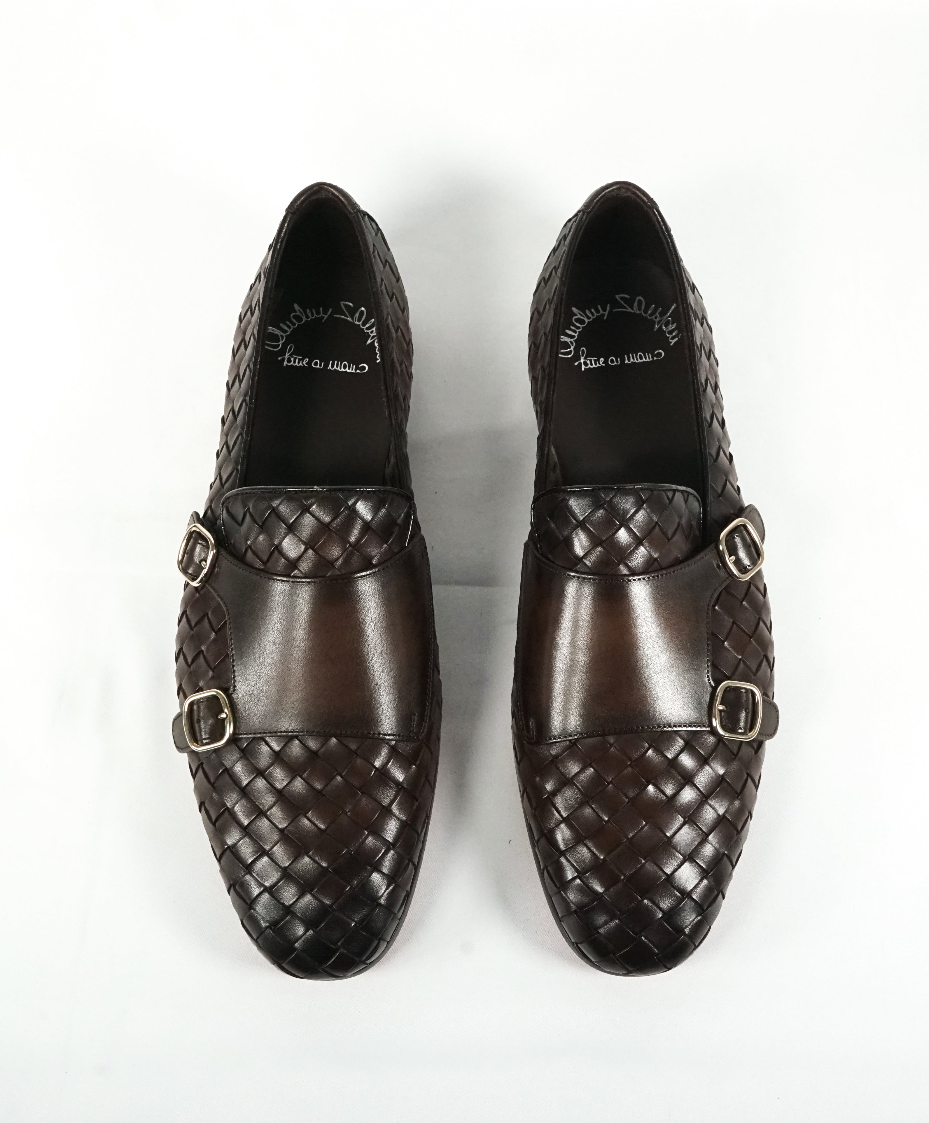 SANTONI - Brown Hand-Antiqued Woven Leather Monk Strap Loafers - 10