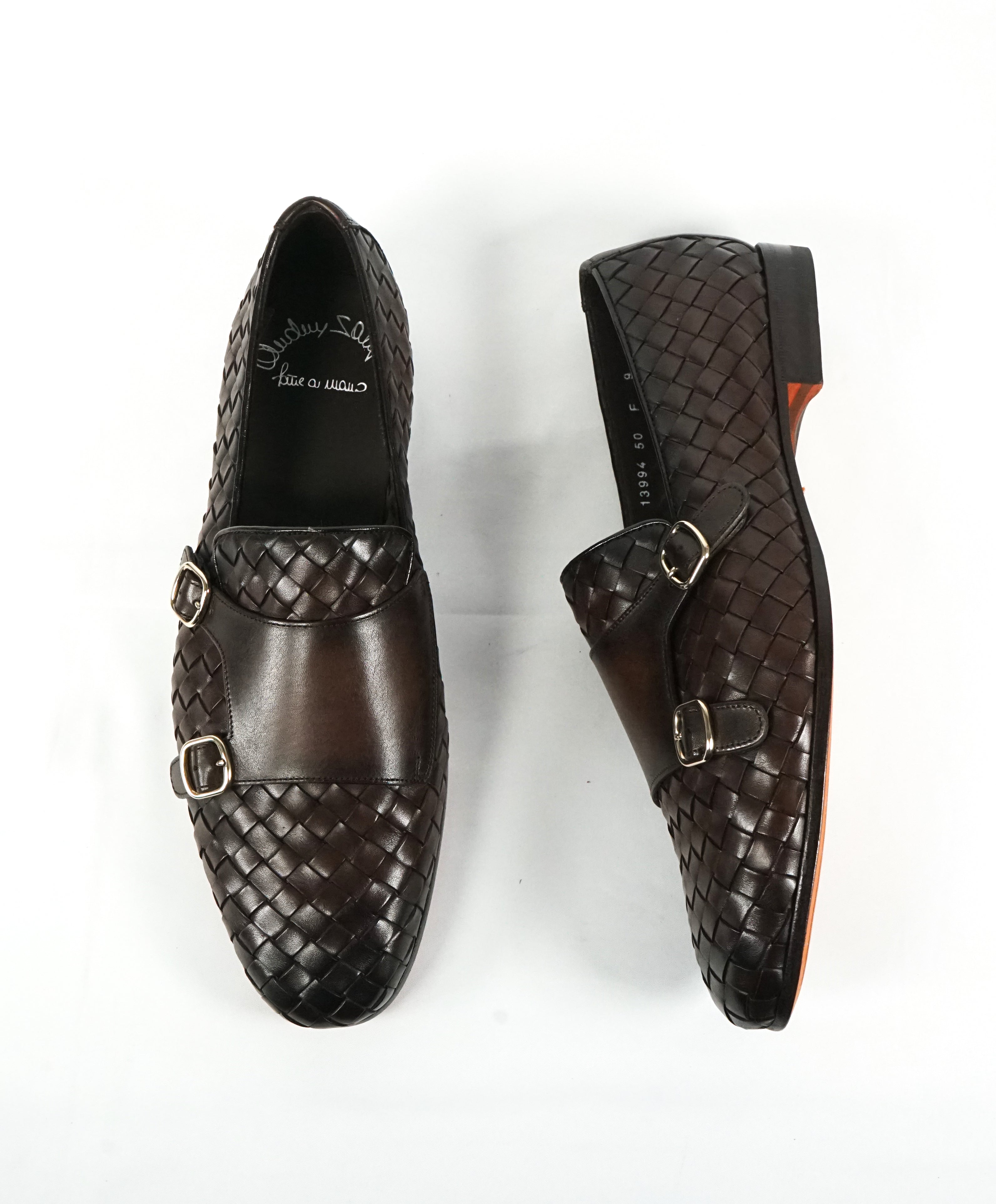 SANTONI - Brown Hand-Antiqued Woven Leather Monk Strap Loafers - 10