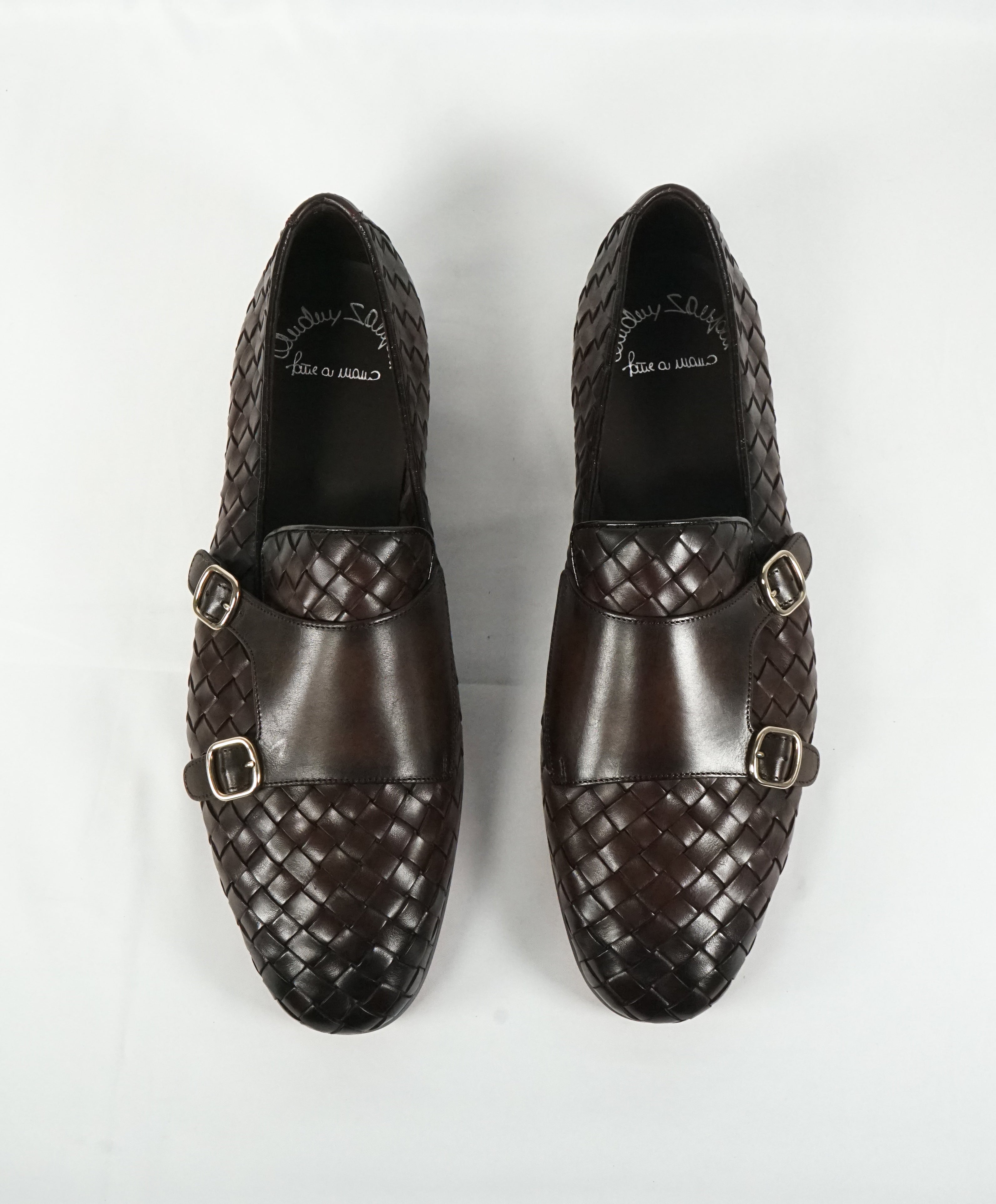 SANTONI - Brown Hand-Antiqued Woven Leather Monk Strap Loafers - 10.5