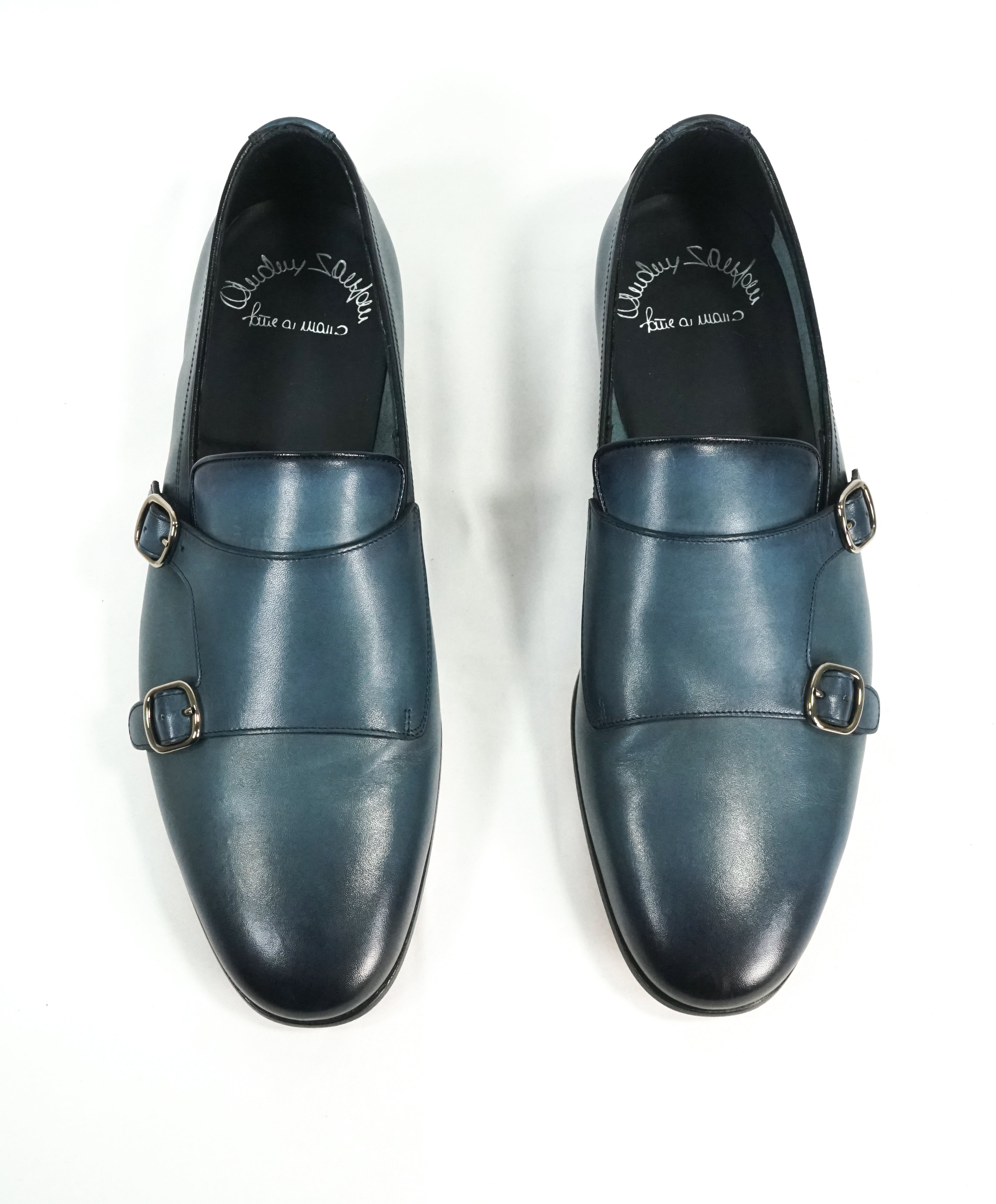 SANTONI - "Fatte A Mano" Medium Blue Hand-Patina Leather Monk Strap Loafers - 8