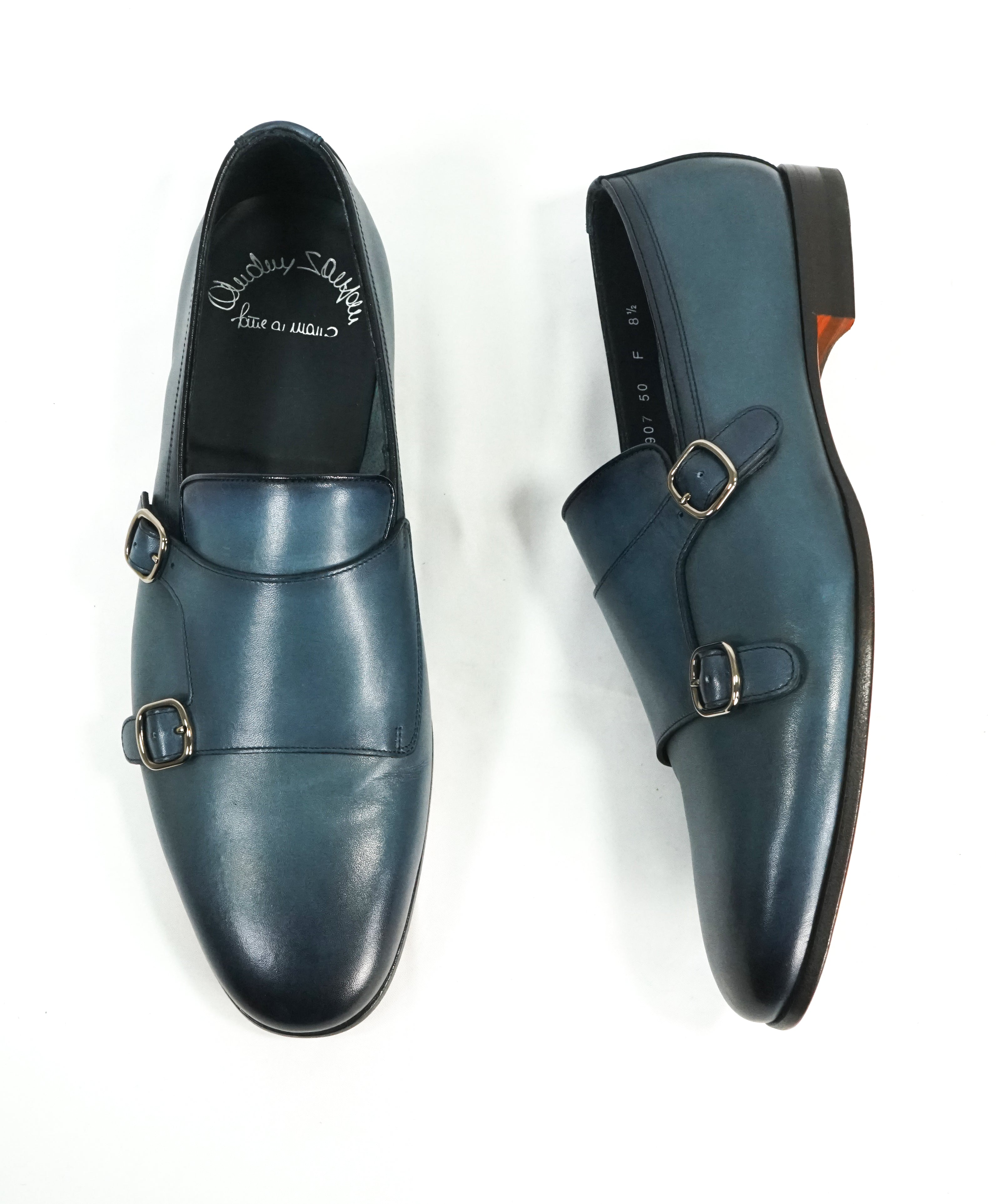 SANTONI - "Fatte A Mano" Medium Blue Hand-Patina Leather Monk Strap Loafers - 8