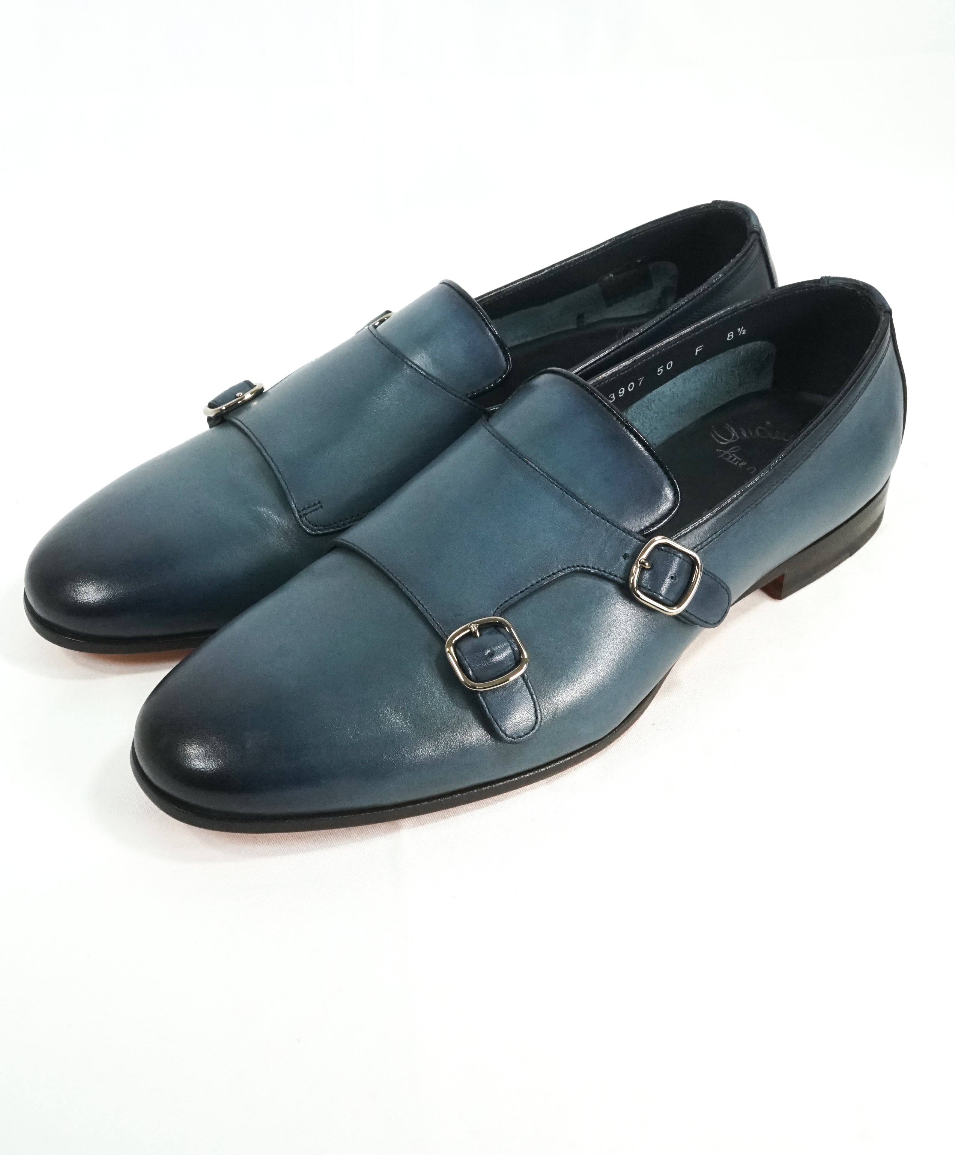 SANTONI - "Fatte A Mano" Medium Blue Hand-Patina Leather Monk Strap Loafers - 8