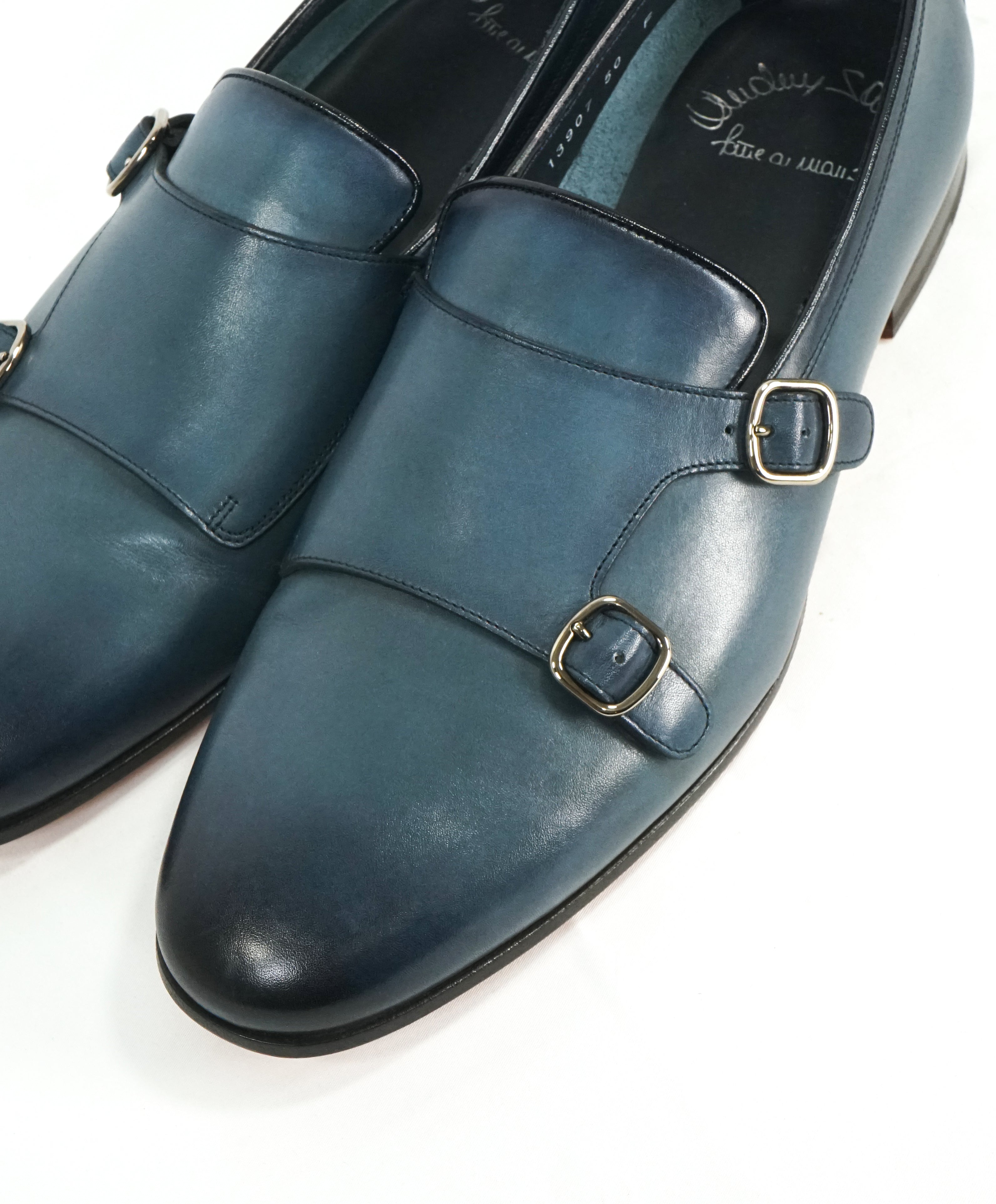 SANTONI - "Fatte A Mano" Medium Blue Hand-Patina Leather Monk Strap Loafers - 8