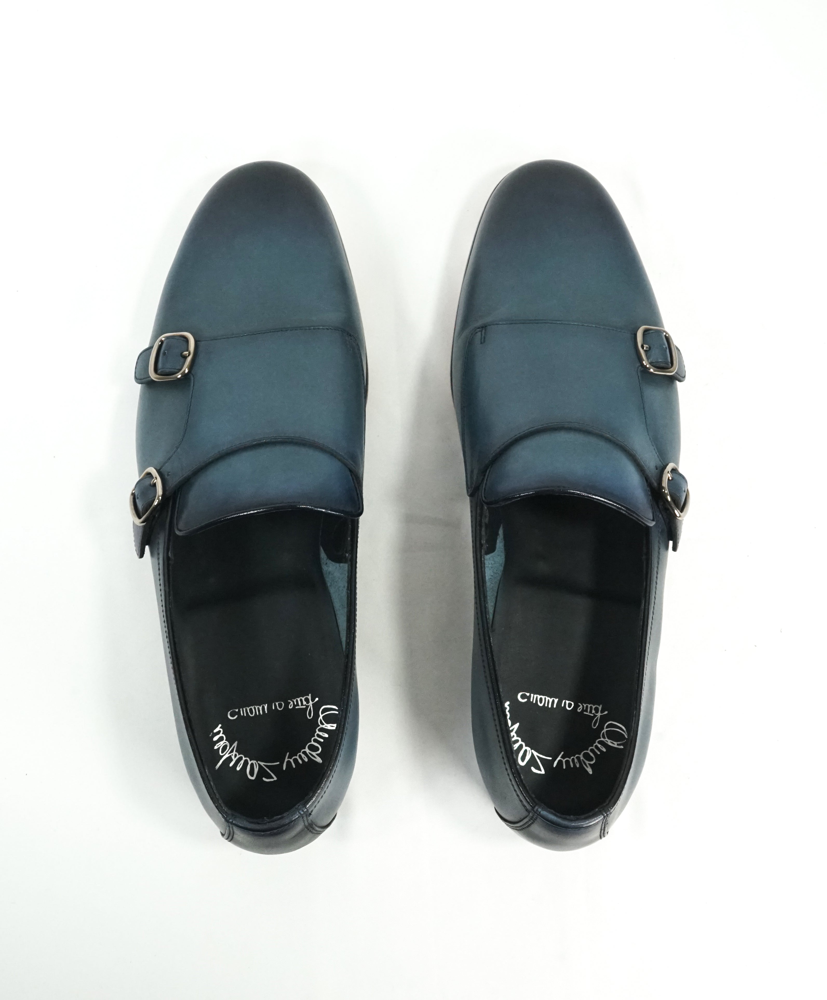 SANTONI - "Fatte A Mano" Medium Blue Hand-Patina Leather Monk Strap Loafers - 8