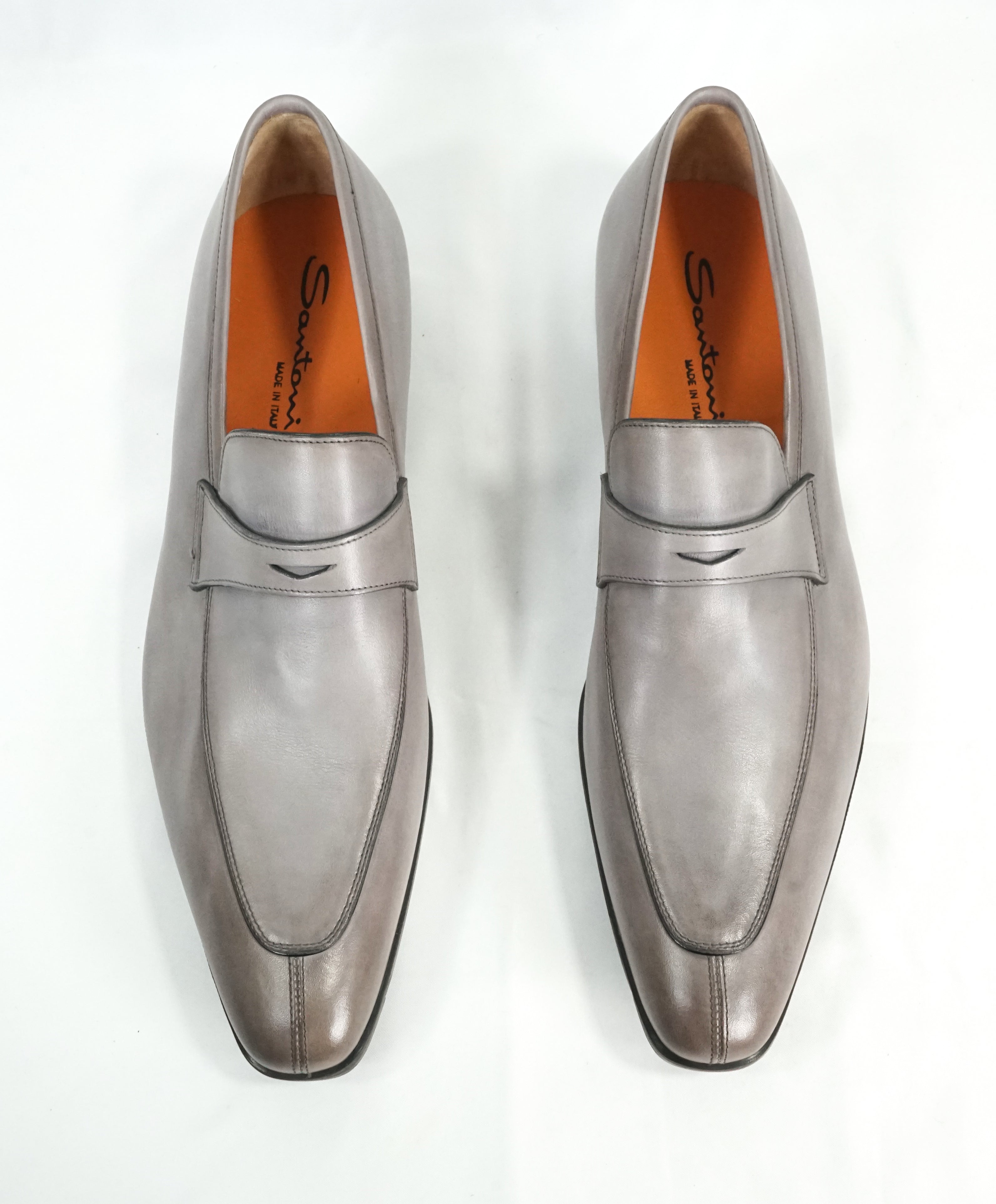 SANTONI - Sleek Gray Leather Penny Loafers W Embossed Logo Sole - 10