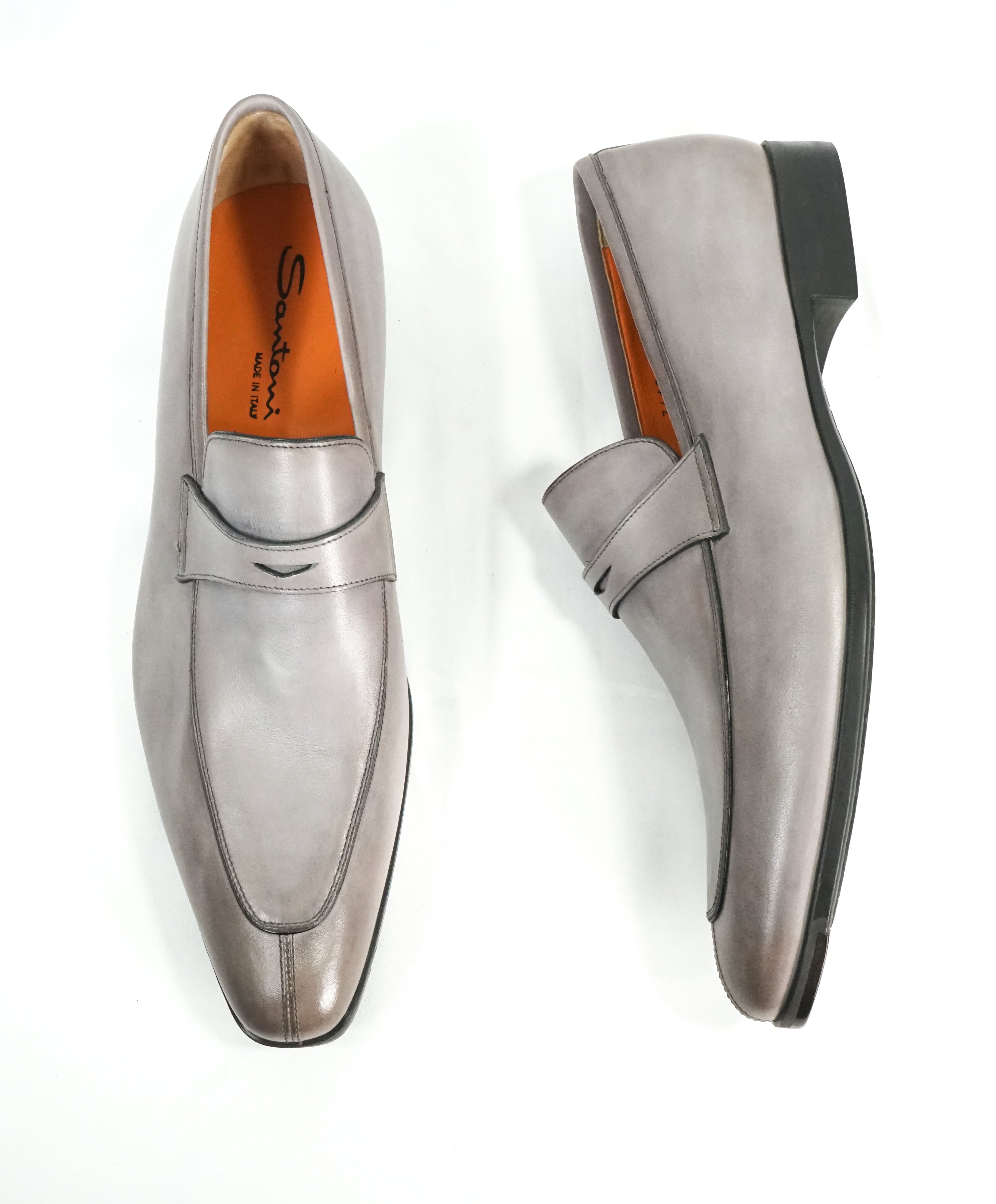 SANTONI - Sleek Gray Leather Penny Loafers W Embossed Logo Sole - 10