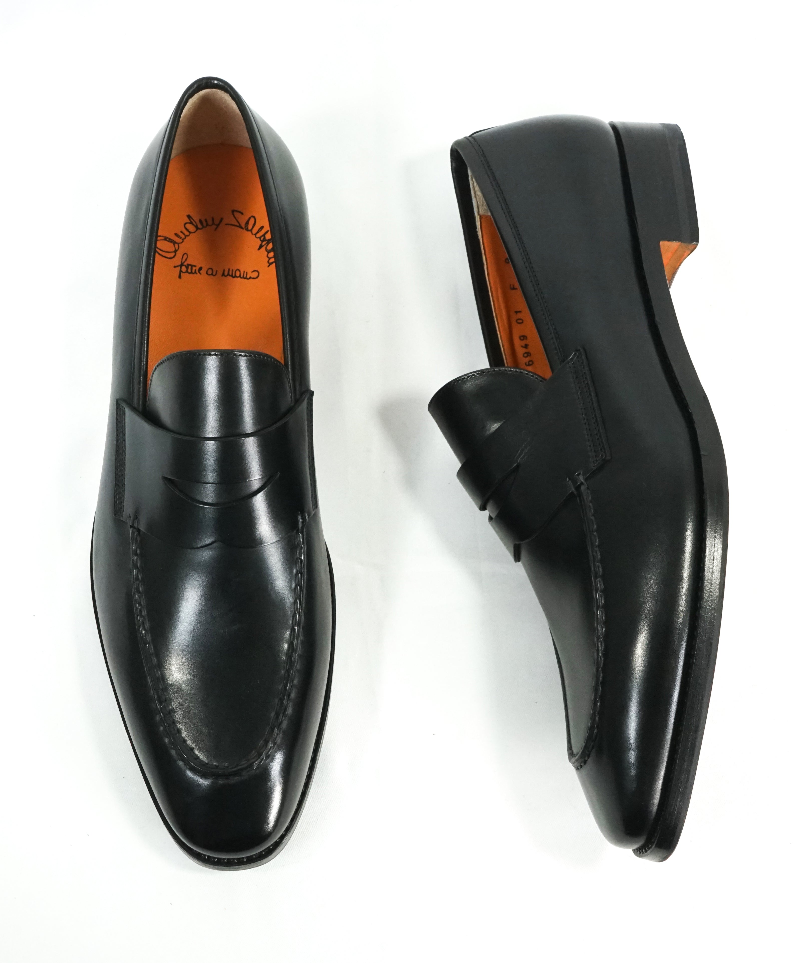 SANTONI - "Fatte A Mano" Hand Made Black Round Toe Penny Loafers - 10