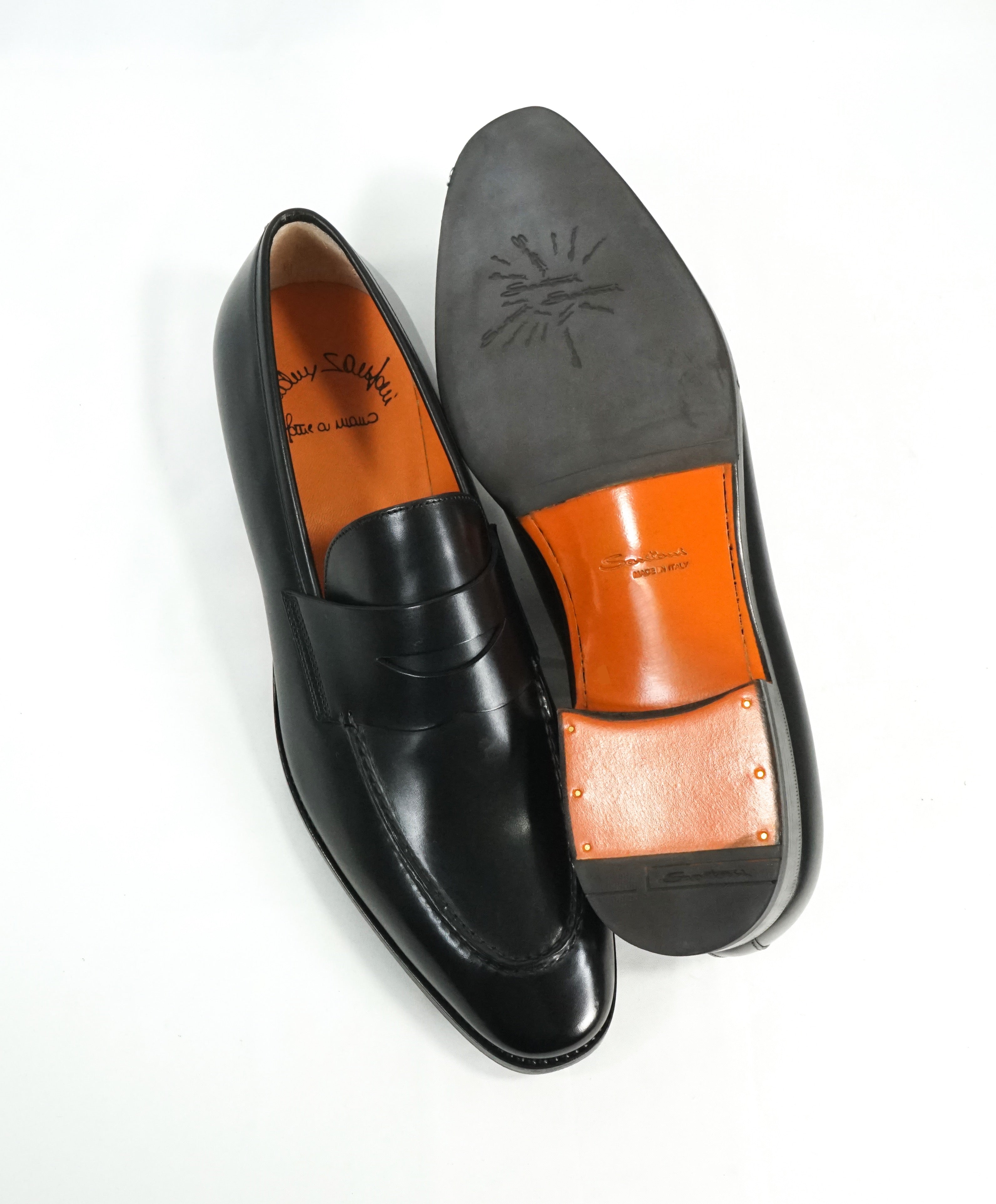 SANTONI - "Fatte A Mano" Hand Made Black Round Toe Penny Loafers - 10